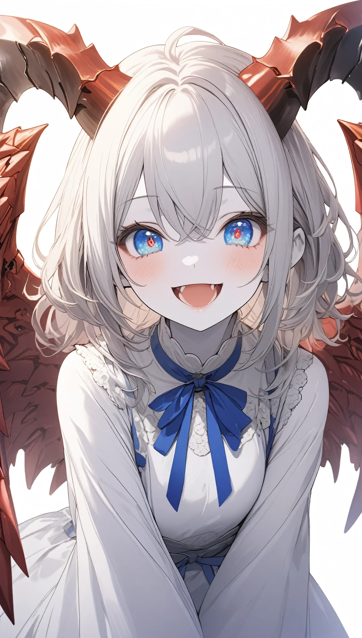 score_9, score_8_up, score_7_up, best quality ,masterpiece, 4k, Japanese anime, 1girl, (white skin:1.2), silver hair, short length hair, blue ribbon, drill hair, wavy hair, (mechanical dragonhorn:1.5), (mechanical wing:1.2), (eye lashes:1.3), (eye shadow:1.3), blue eyes, (beautiful detailed eyes:1.4), laugh, 130cm tall, original character, fantasy, (white background:1.2), (full body:1.8), beautiful fingers, standing, (red lace frill dress:1.5), (mechanical headdress:1.5) , shoot from front, looking at viewer ,