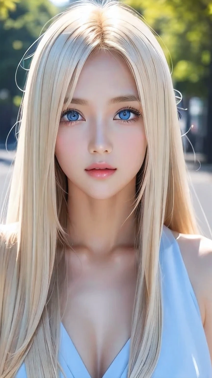 Transparent white glossy skin、Wind-blond hair falls in front of her pretty face、Ample Bust、Cute 15 year old blonde beauty、Beautiful Face、Beautiful super long straight hair that stands out、Big, bright, light blue eyes that shine beautifully、Silky bangs that cover large eyes, Sexy face hiding hair super long hair sexy、Cute young woman with long natural blonde shiny light hair、Round face