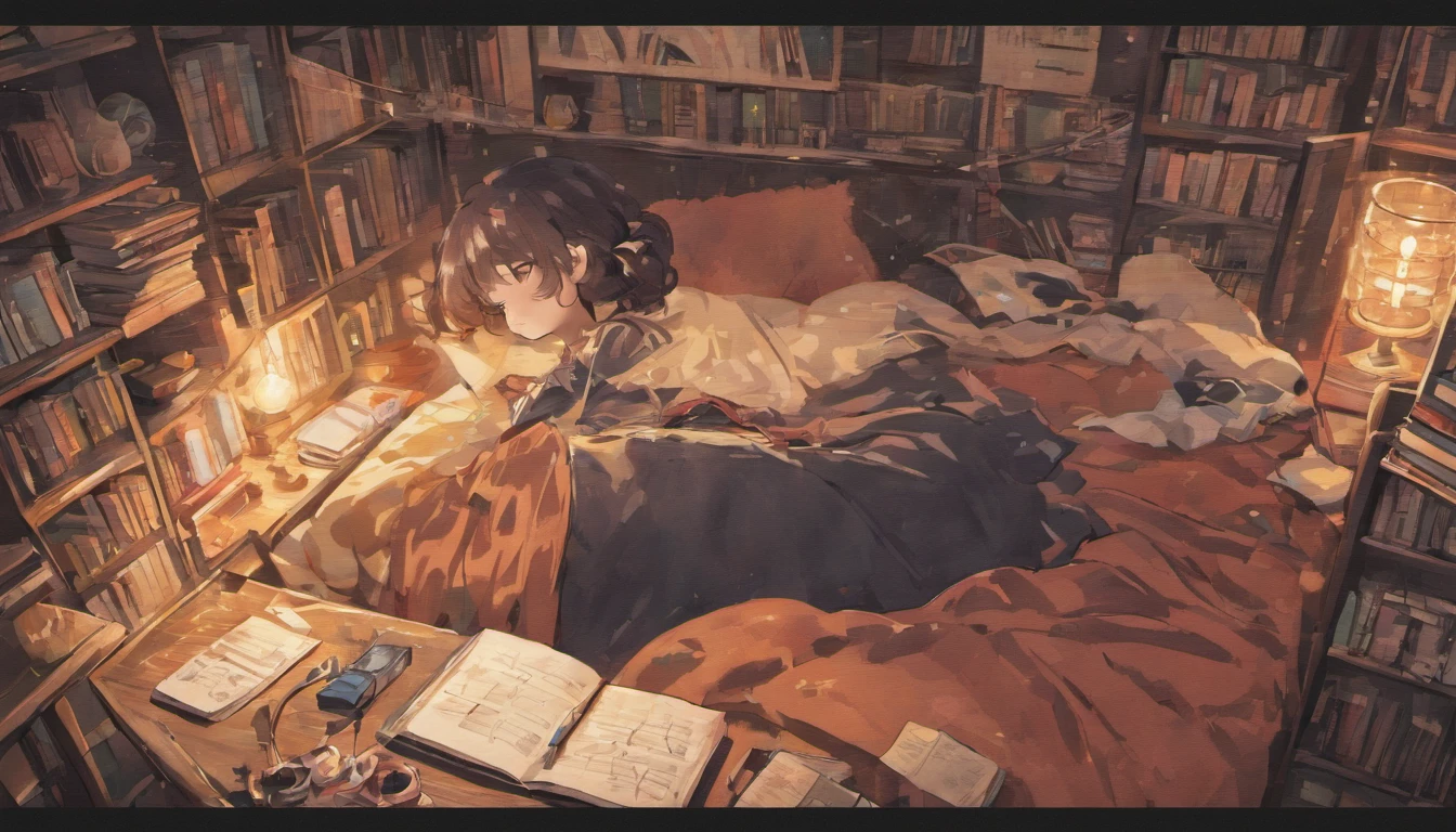 (A room with a messy desk and books. Lying in bed、Anime illustration of a black-haired girl sleeping with headphones on and her chin resting on them while listening to music、Dark Eyes、Japanese