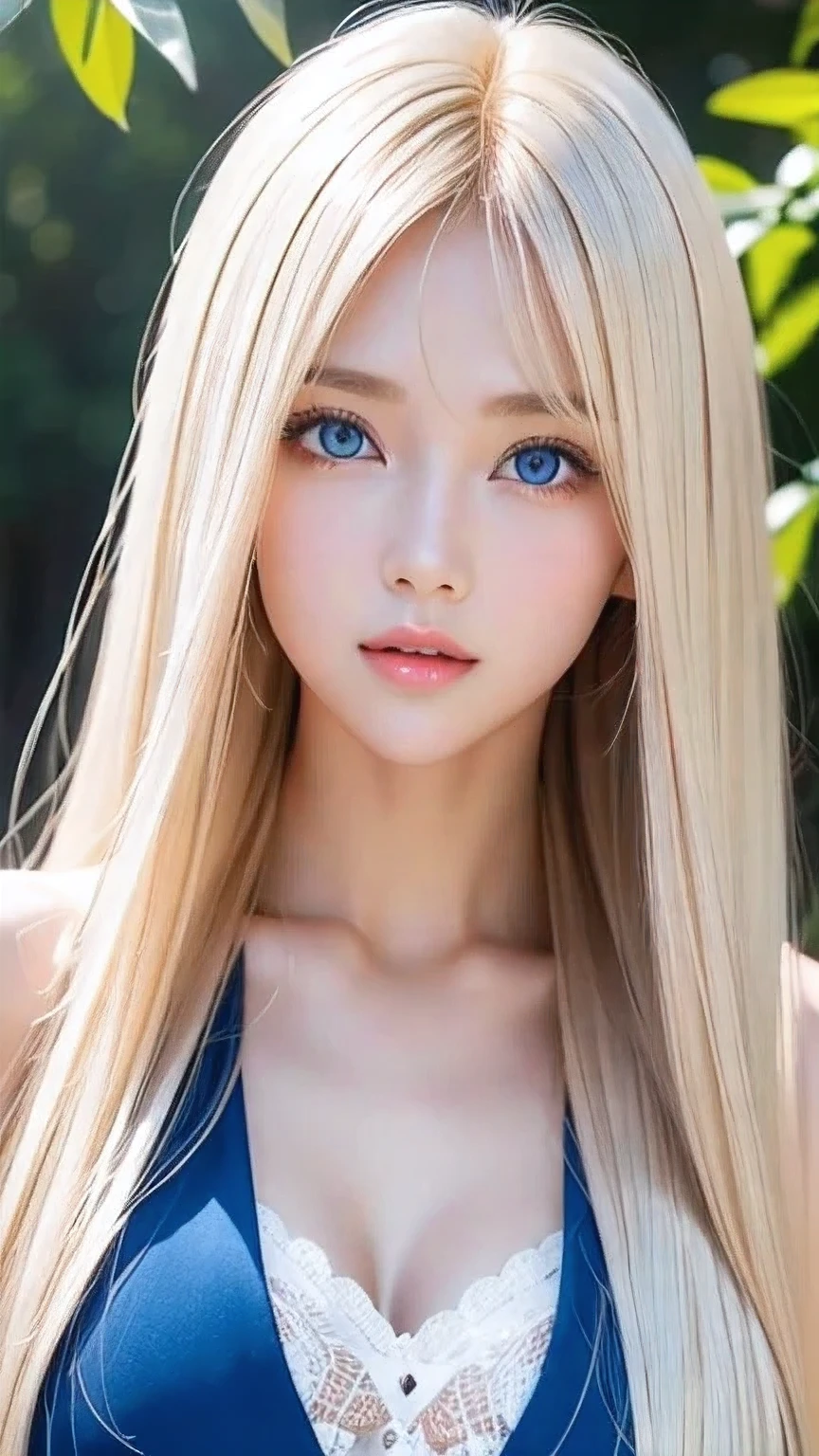 Transparent white glossy skin、Wind-blond hair falls in front of her pretty face、Ample Bust、Cute 15 year old blonde beauty、Beautiful Face、Beautiful super long straight hair that stands out、Big, bright, light blue eyes that shine beautifully、Silky bangs that cover large eyes, Sexy face hiding hair super long hair sexy、Cute young woman with long natural blonde shiny light hair、Round face