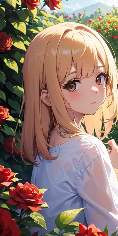 (mejor calidad, obra maestra, ultrarrealista), portrait of 1 beautiful and delicate girl, con pelo color miel, anteojos redondos, with a soft and peaceful expression, the background landscape is a garden with red roses 