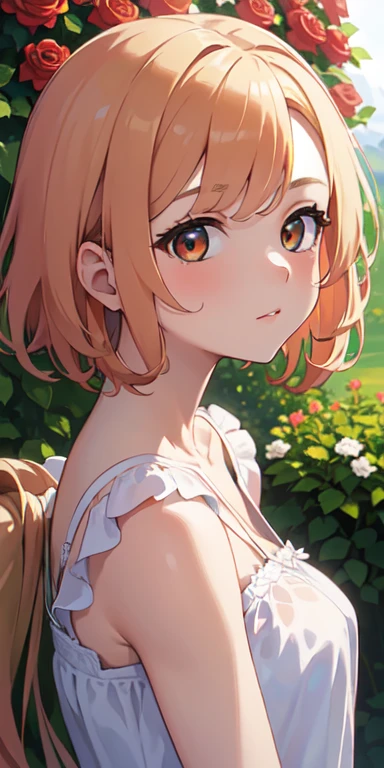 (mejor calidad, obra maestra, ultrarrealista), portrait of 1 beautiful and delicate girl, con pelo color miel, anteojos redondos, with a soft and peaceful expression, the background landscape is a garden with red roses