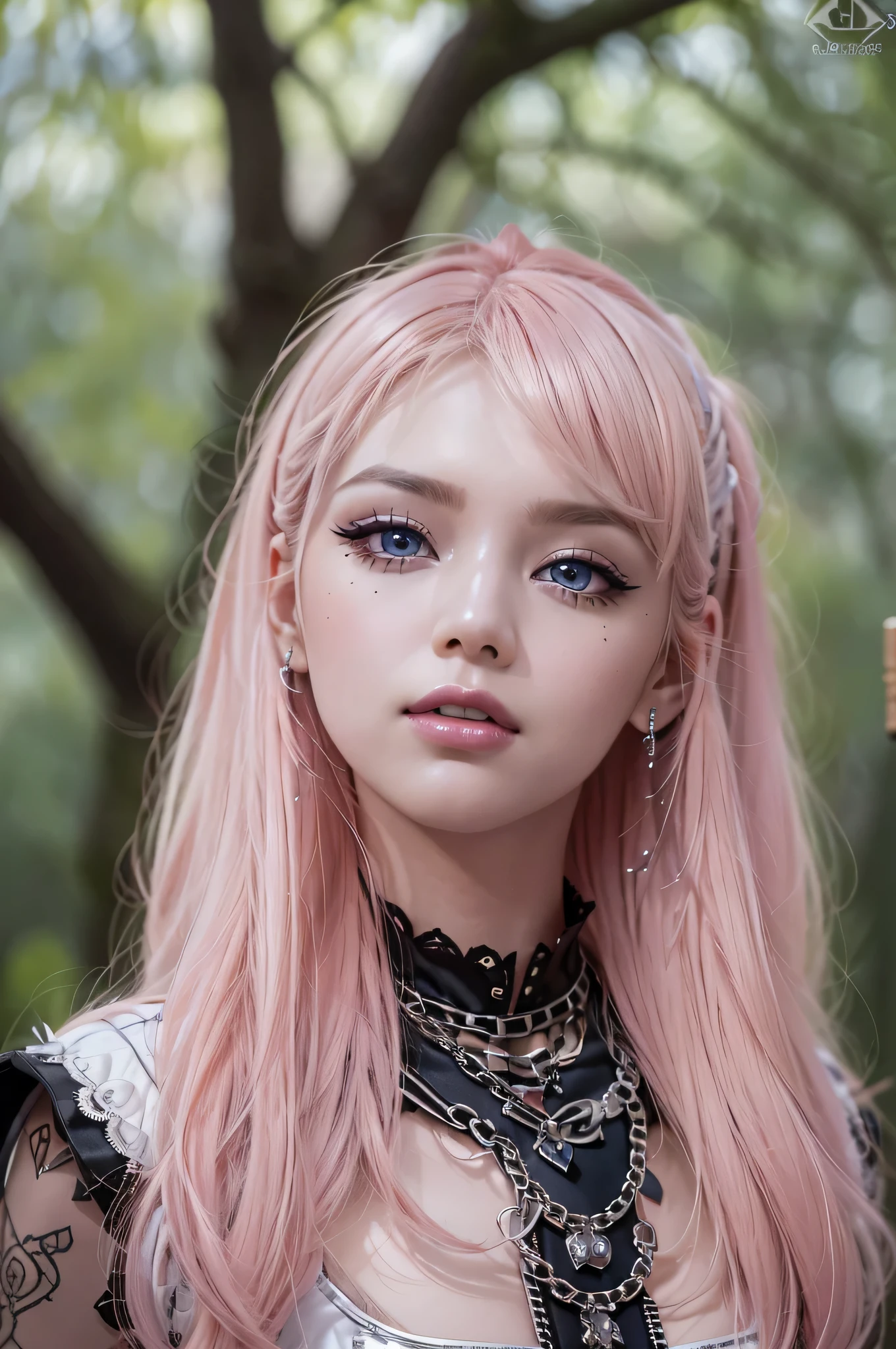 photorealistic Realism 16K Quality, (super quality details in realistic texture: skin, hair), ((Ultra high-res Realistic eyes, clear sharp, not blurry, absurd quality details:1.25)), (([eyes|eyeshadows]:[brown|pink])), ((portrait)), a cute 1model:1.4 24yo, (depth of field), ((anatomically correct)), ((perfect proportions)), dslr, best high quality soft lighting, sharp focus captured by Fujifilm XT3, f 5.6, in a dramatic lighting, ((perfect composition)), ((pale skin)), (dry skin), sexy stylish Swedish model, only 1 female, ((doll-like appearance)), long neon pink stylish hair, ((shiny Punk-Style boots)), (big smile), (close up of her face), Punk makeup, lipgloss, ((sexy Punk Lolita cosplay)), unconventional skirt, petticoats, high neckline, ((ultra detailed lace)), ((ultra detailed embroidery)), intricate details, tartan patterns, (silver chains), (silver spikes), (safety pins), Punk Lolita accessoires, Punk Lolita choker, ((large sparkling Punk Lolita jewelry)), cinematic light, detailed large park background with trees 