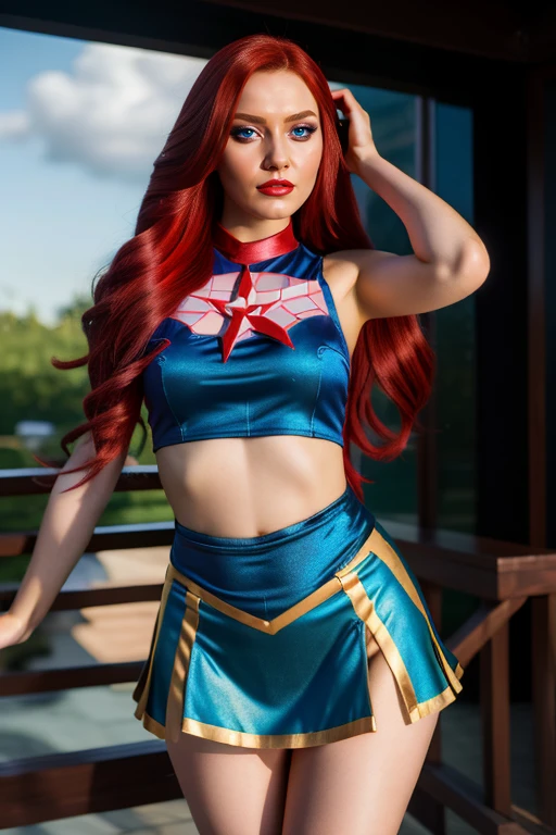 (best quality,4k,8k,highres,masterpiece:1.2),ultra-detailed,(realistic,photorealistic,photo-realistic:1.37),miss fortune (league of legends), 1girl, wearing Star Guardian clothing, extra long hair, strap slip, bare shoulders, detached sleeves, wide sleeves, skirt, portraits, vibrant colors, dramatic lighting