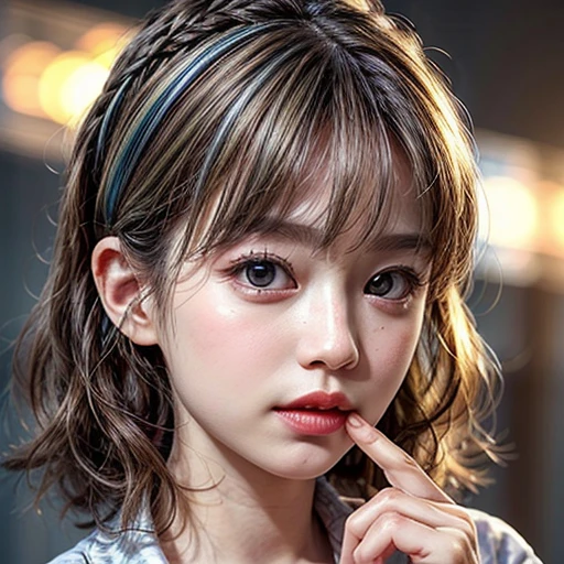 (highest quality,Super detailed,Physically Based Rendering:1.2), (RAW, Realistic, Photorealistic:1.37), (Acutance:0.85),Portraiture,Beautiful young woman with Delicate facial features,Soft lighting, ((Playfully licking finger with tongue, Gently placing a finger in the mouth)), (Close-up shot of sensual lips),Cheeks turn slightly red,A gentle and captivating gaze, cute Like finger . Studio gray background, Light Particles, many blurred colorful Lights (dazzling bokeH) . BREAK . (((NOGIZAKA face variations))) Extremely Detailed very KAWAII face variations, elaborate detailed Eyes with (sparkling highlights:1.2), (Voluminous long eyelashes:0.9)、Glossy RED Lips with beautiful details, Coquettish tongue, Rosy cheeks, Radiant PearlSkin with clear transparency, (Natural:0.7) Detailed FlawlessSkin with glowing DowneyHair . { (Dynamic LifeLike expressions) | :d) }, (large eyes:-1) . mouth_hold, ((Different types of unique hair style and color)),