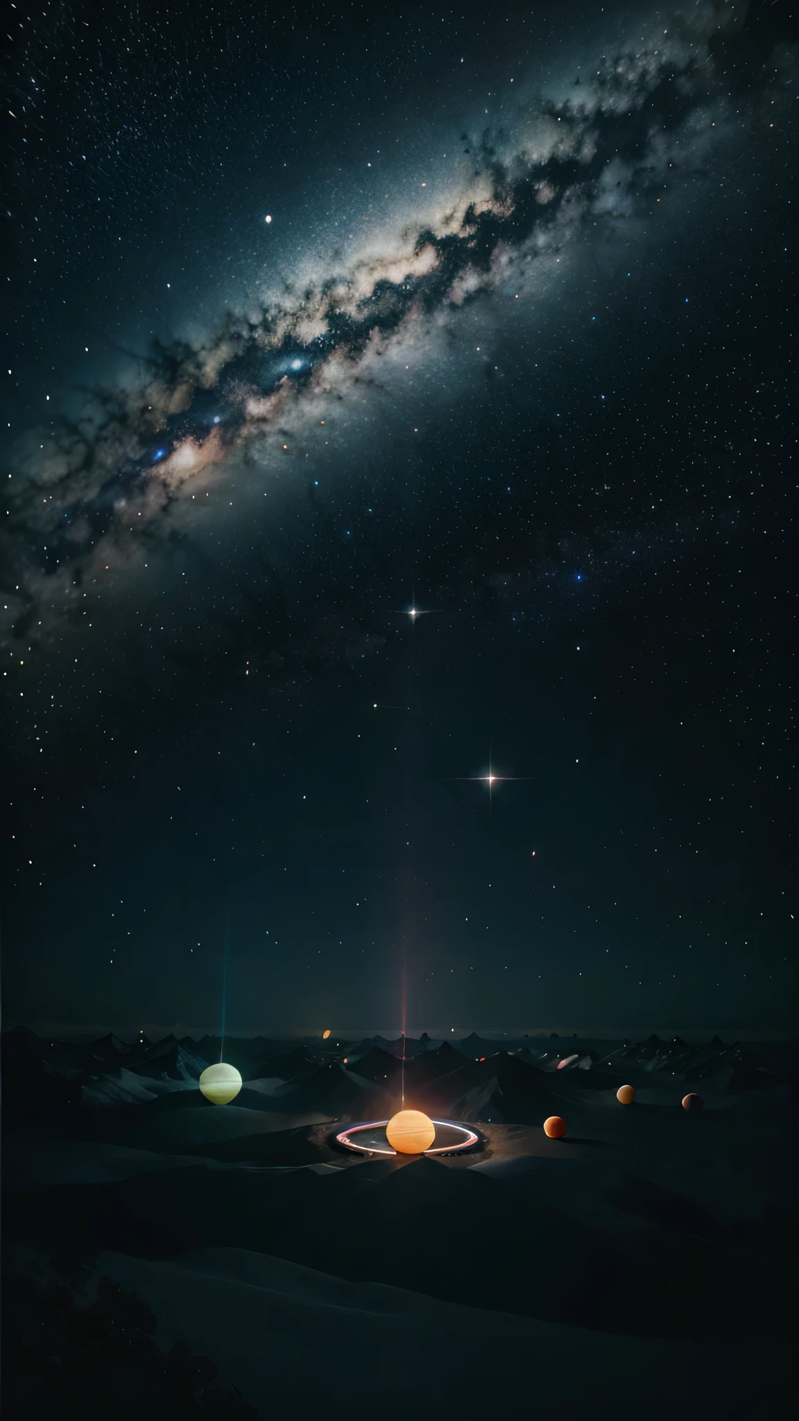 Galaxy with neon style planets in the dark