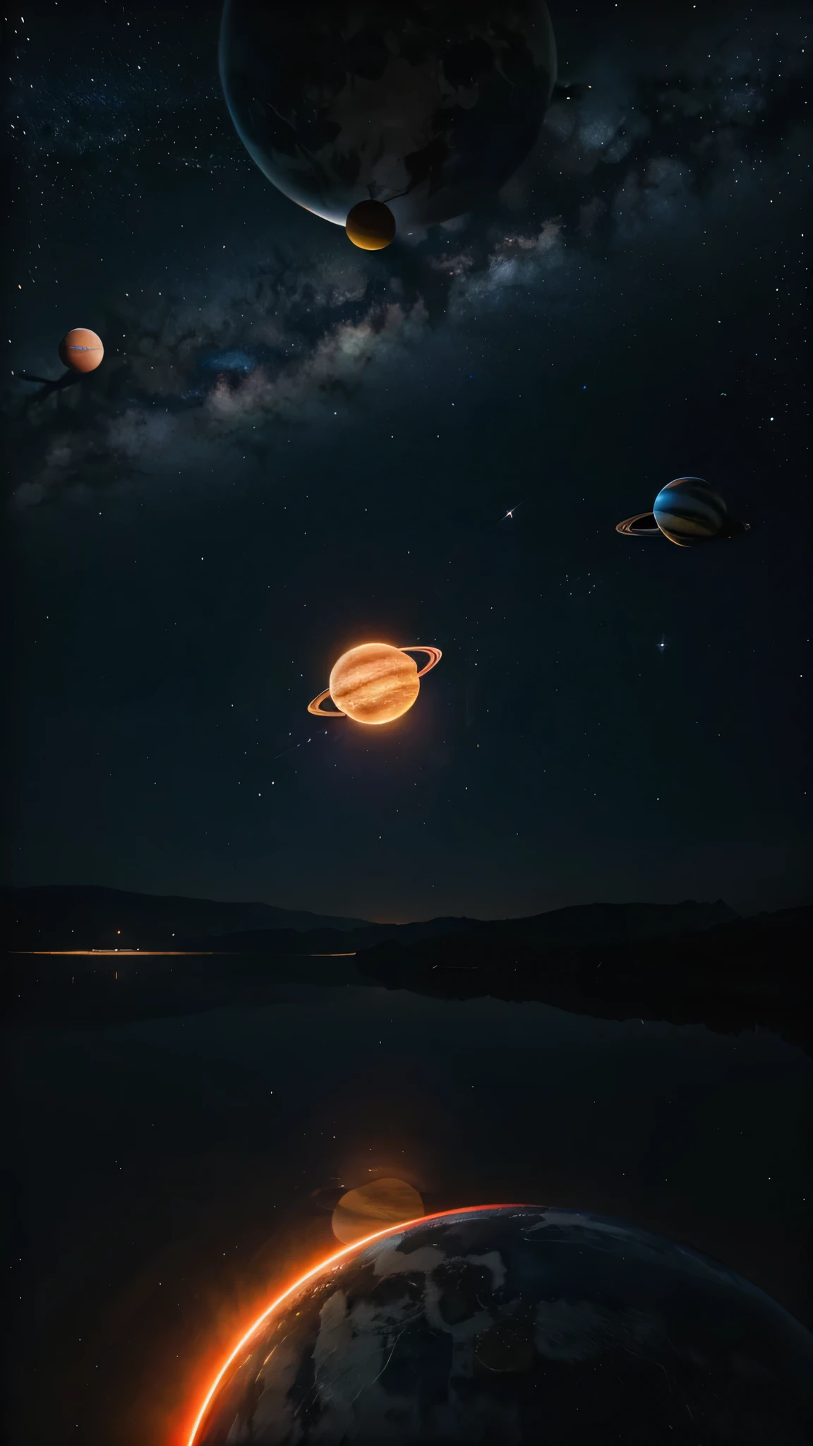 Galaxy with neon style planets in the dark