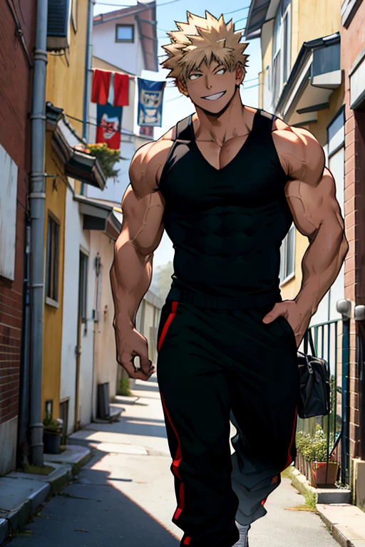 Bakugo Katsuki《My Hero Academia》, Wearing black sweatpants and a black vest, Smile, Bodybuilder, Definition, Big abdominal muscles, Super Muscle, walk