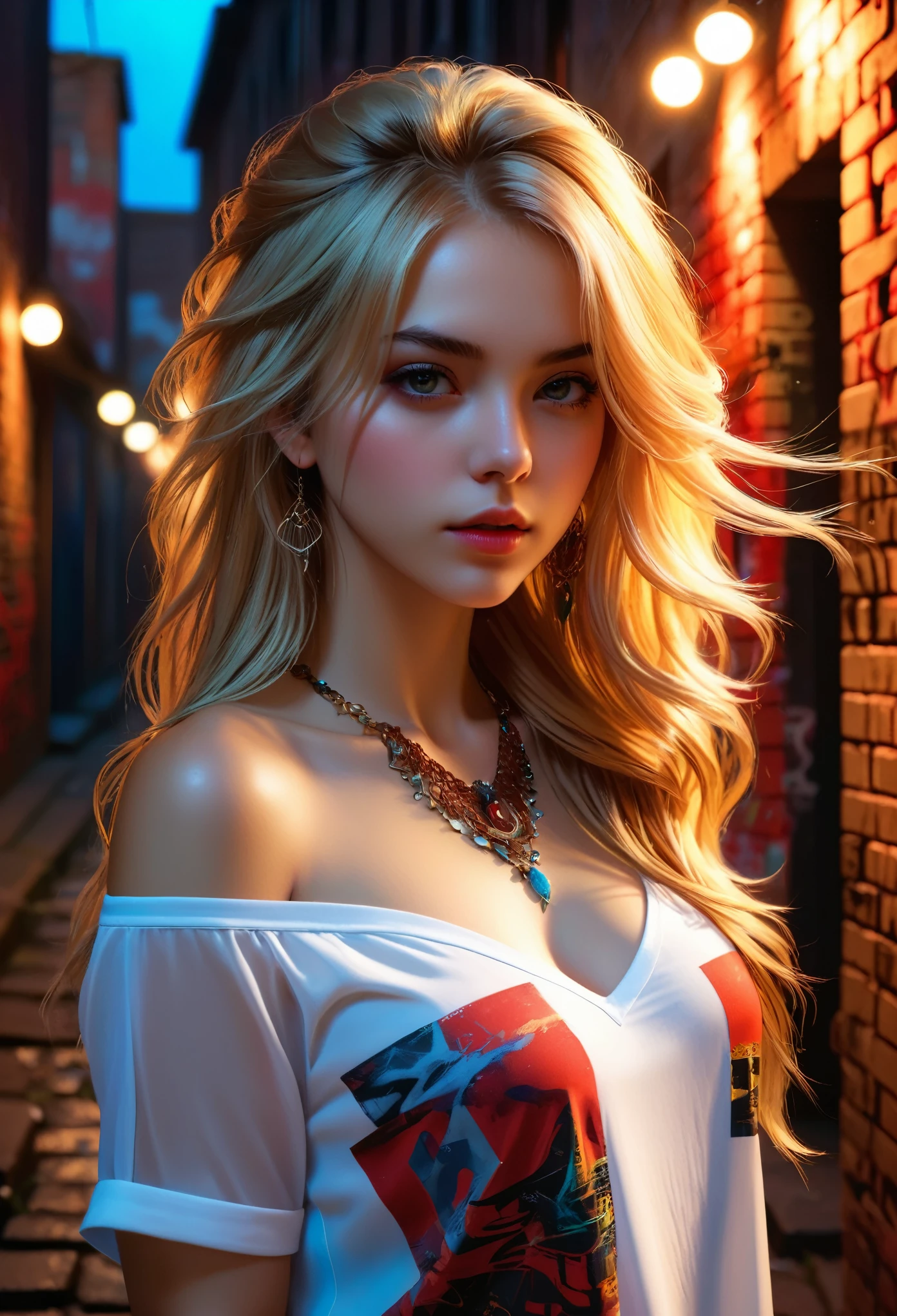 Ultra-realistic 8k CG, masterpiece, ((Super detailed background, Exquisite pattern, Intricate details)), best quality, Intricate detailss, Chromatic Aberration, 1 Girl, long hair, blonde, messy hair, Red highlights, Hair covering one eye, Sharp eyes, Necklace, Brick Wall, Graffiti, Dim Lights, alley, Large-size shirt,Off-shoulder, See-through white shirt, masterpiece, best quality