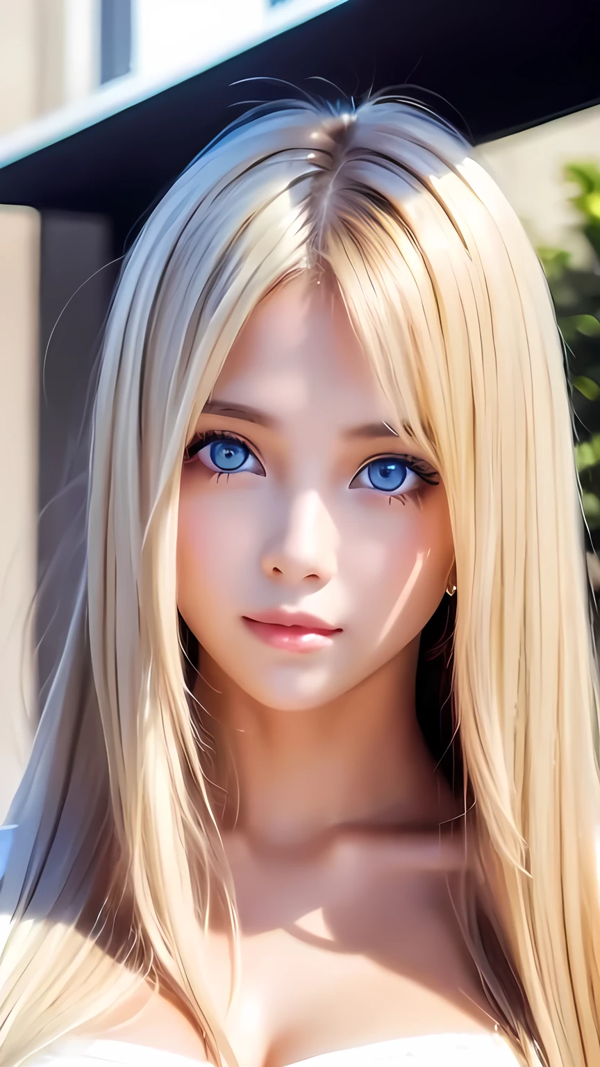 Transparent white glossy skin、Wind-blond hair falls in front of her pretty face、Ample Bust、Cute 15 year old blonde beauty、Beautiful Face、Beautiful super long straight hair that stands out、Big, bright, light blue eyes that shine beautifully、Silky bangs that cover large eyes, Sexy face hiding hair super long hair sexy、Cute young woman with long natural blonde shiny light hair、Round face