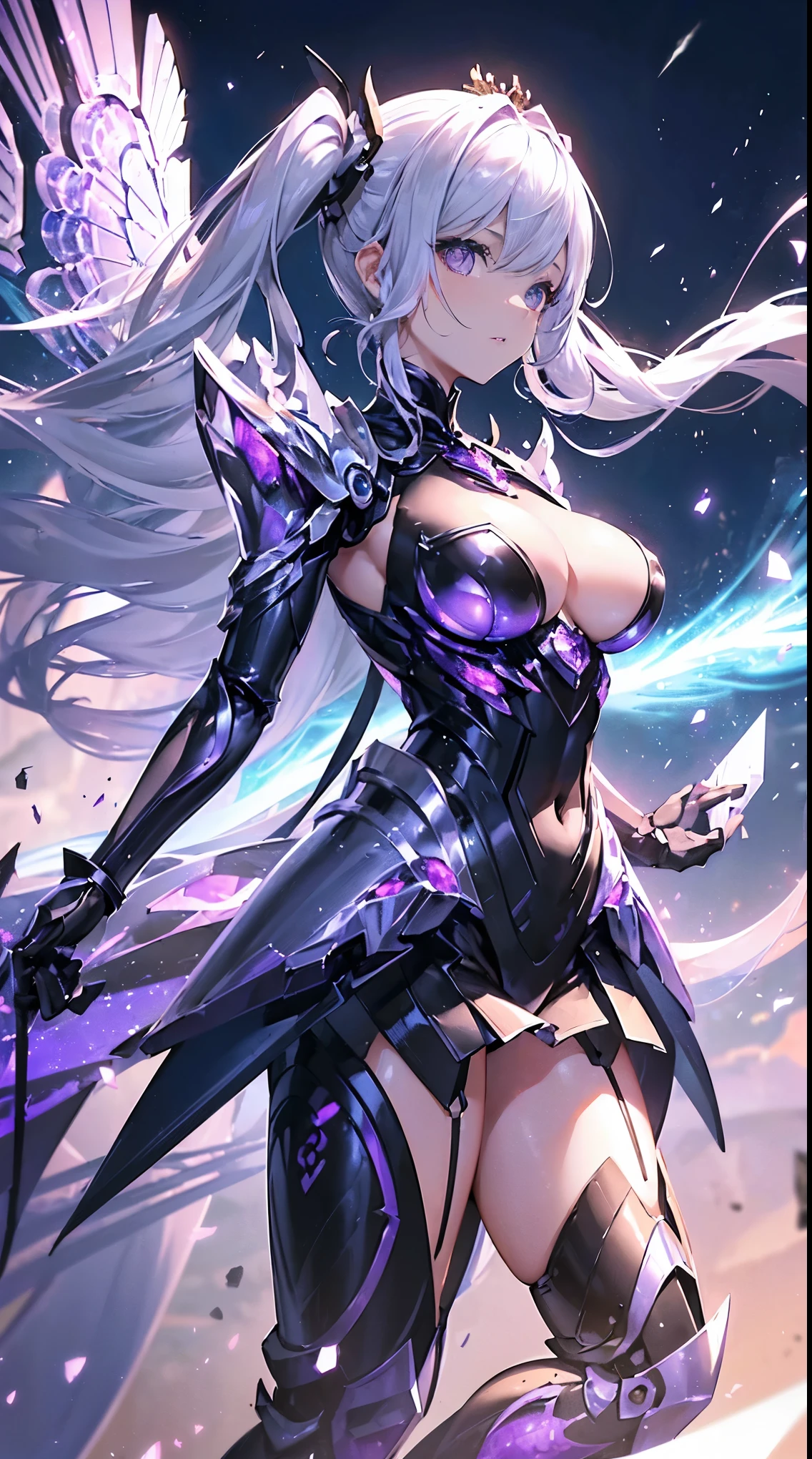 ((Tabletop:1.2)), ((highest quality)), (Ultra-fine illustrations), (Ultra-fine painting), Highly detailed and delicate watercolor style, Detailed skin texture, Detailed metal texture, Detailed cloth texture, (Ultra-high resolution), ((Highly detailed face)), RAW Photos, Professional, Perfect Anatomy, (sexy), (sexy), Genuine, ((alone)), ((She has beautiful hair and eyes dressed as a mechanical angel.、Beautiful and cool female marshal)) brake Beautifully shaped small breasts, beautifully shaped buttocks,(Beautiful, shiny silver hair in twin tails), (Beautiful clear purple eyes), (Beautiful and clear details:1.6) brake ((A sophisticated mechanism:1.4))Sleek and commanding design, (Highly detailed and delicate large amethyst purple sleek symmetrical mechanical wings:1.4)), ((Highly detailed and sophisticated full-range weaponry:1.4)), ((Highly detailed and delicate all-range attack mechanical polished exoskeleton armor dress in amethyst purple for Marshal:1.3)) brake concept-art, Detailed science fantasy art, (Combat pose), ((Detailed and cool all-range dynamic attack pose)) brake (Highly detailed and delicate starry sky), (Different world), No robots, (Close your mouth), (8Khighest quality壁紙), Highly detailed and delicate background brake (Browsing Caution) brake