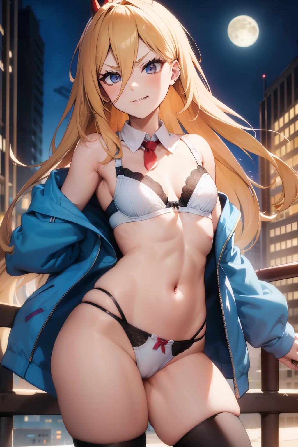 Power ,1girl , anime , masterpiece , blonde hair , jaqueta aberta open clothes ,jinx , smug face , jacket, open clothes, bra , small breasts ,pantie ,garterbelt , long socks , belly button piercing , looking at viewer , moon background , night city .