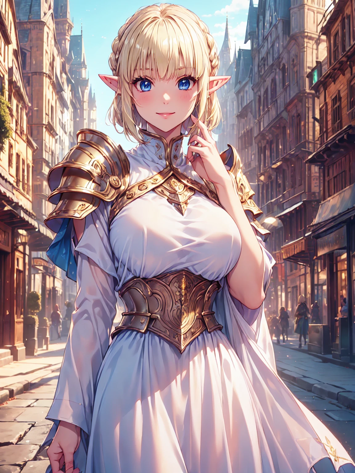 Very close、((Focus on the upper body))、16k、masterpiece、High resolution、High resolution、((1 young elven female))、((Beautiful white skin))、((Beautiful blonde))、Bun Head、short hair、((Beautiful Blue Eyes))、((Pointy Ears))、Smiling Kindly、smile、blush、Pink Lip Gloss、Shiny skin、((Wearing heavy armor))、((Medieval European streets))、Courting me、((Put your hand on your cheek))