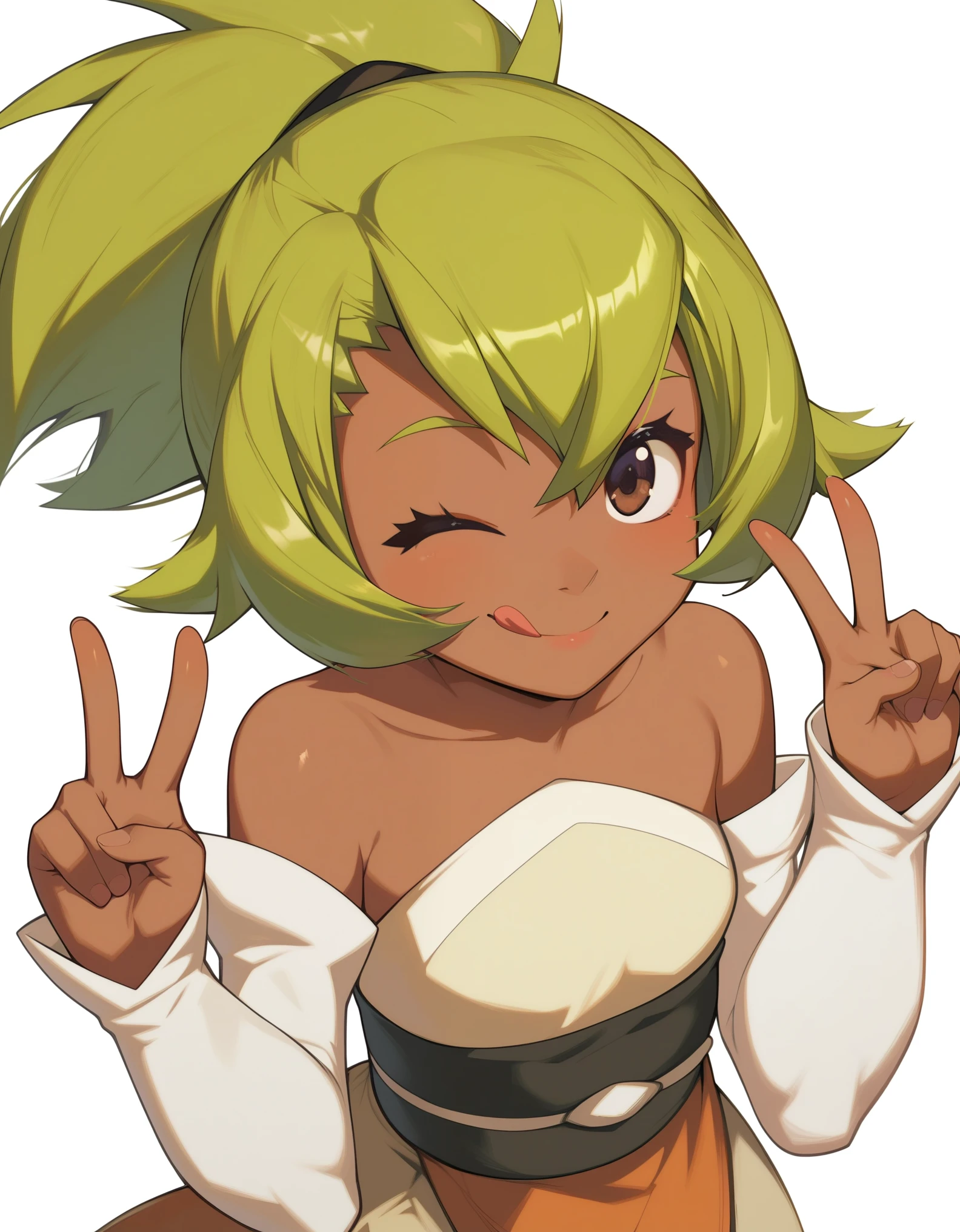 Score_9, score_8_up, score_7_up,  Amalia, 1girl, solo, dark skin, green hair, brown eyes, ponytail, bare shoulders, detached sleeves, pants, double v, tongue out, closed mouth, smile, one eye closed,