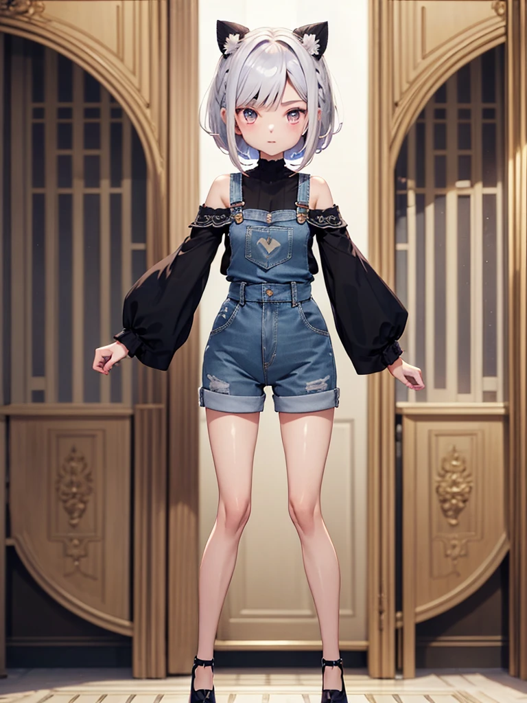 1girl,high-quality anime,highest quality、Masterpiece、Official Art、The best composition、Golden Ratio、Super detailed、ultra detailed,  blue and white hair color、Short bangs above eyebrows、Short Hair、Standing in front of the viewer、Pure white simple background、Denim overalls、vtuber-fullbody,