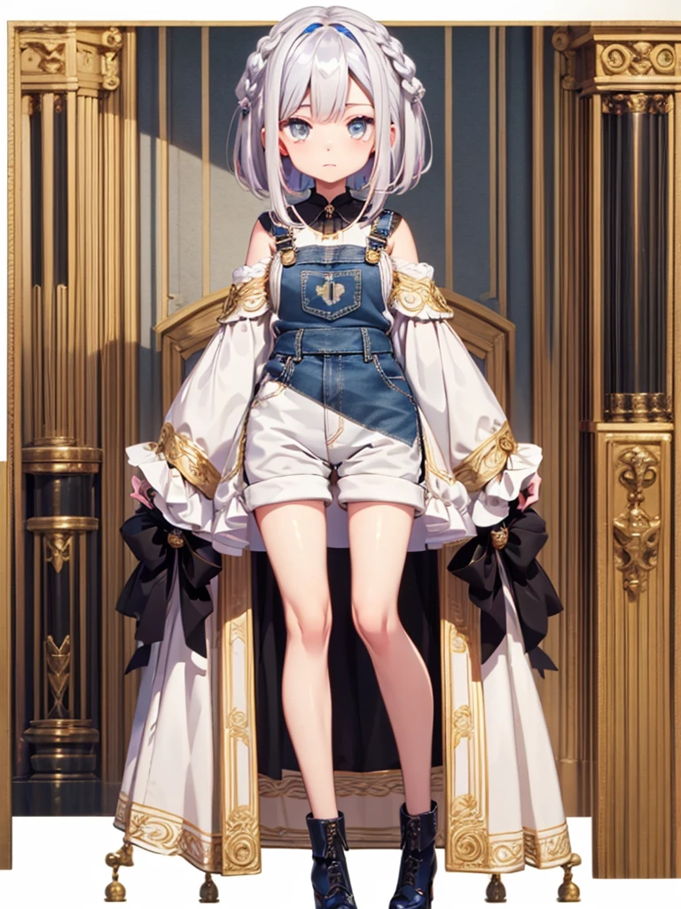 1girl,high-quality anime,highest quality、Masterpiece、Official Art、The best composition、Golden Ratio、Super detailed、ultra detailed,  blue and white hair color、Short bangs above eyebrows、Short Hair、Standing in front of the viewer、Pure white simple background、Denim overalls、vtuber-fullbody,