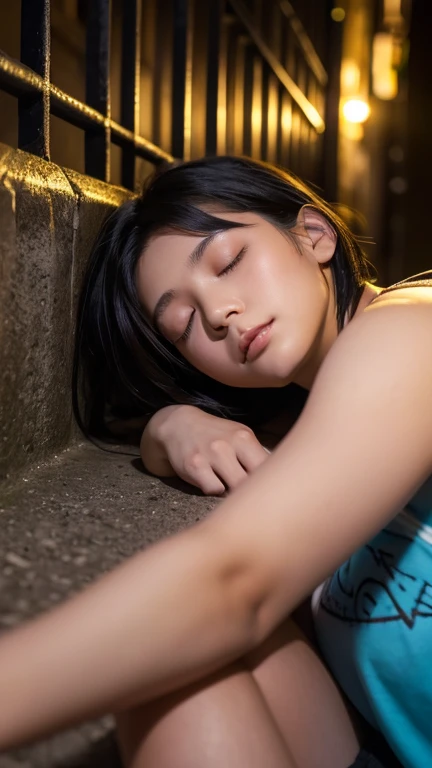 ((Drunk girl sleeping in an alley at night)), (High resolution:1.3), (16k, Realistic, RAW Photos, Best image quality: 1.4), Japanese, (One Girl), Beautiful Face, (A vivid face), (Black-haired、short hair:1.3), Beautiful Hairstyles, Realistic eyes, Beautiful and detailed, (Realistic Skin), Beautiful skins, charm, High detail, Golden Ratio, Highly detailed cute girl,(20-year-old)