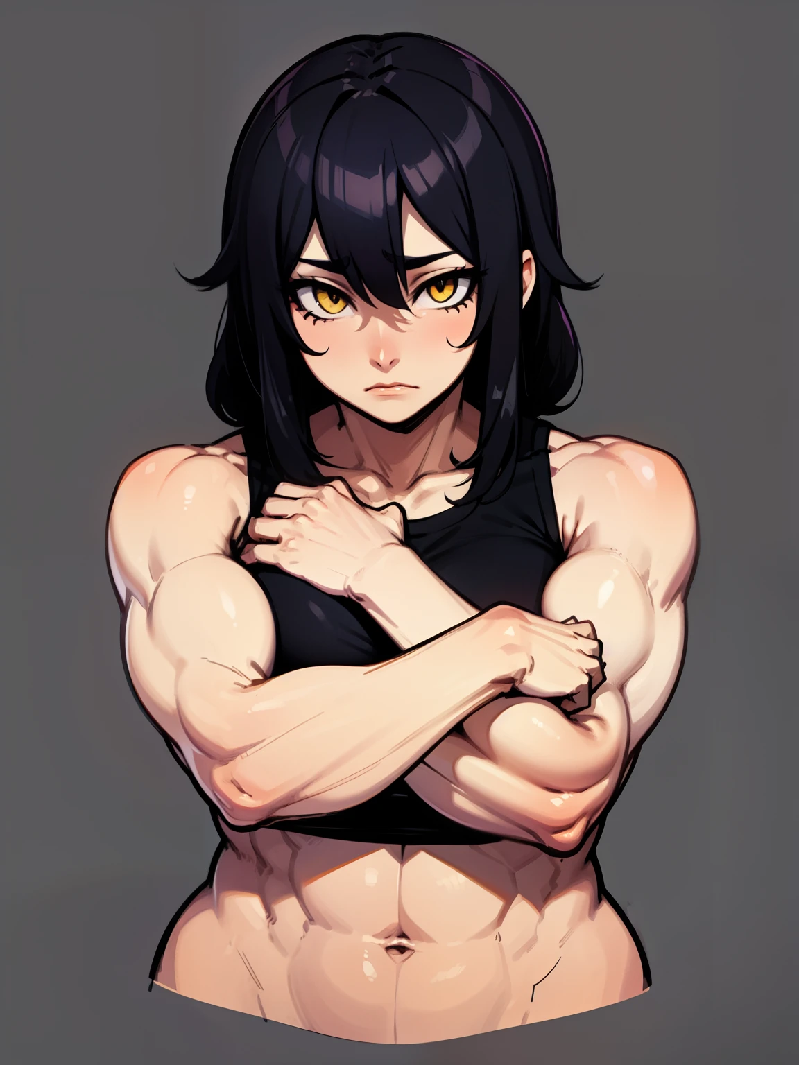 muscular girl black hair yellow eyes sad