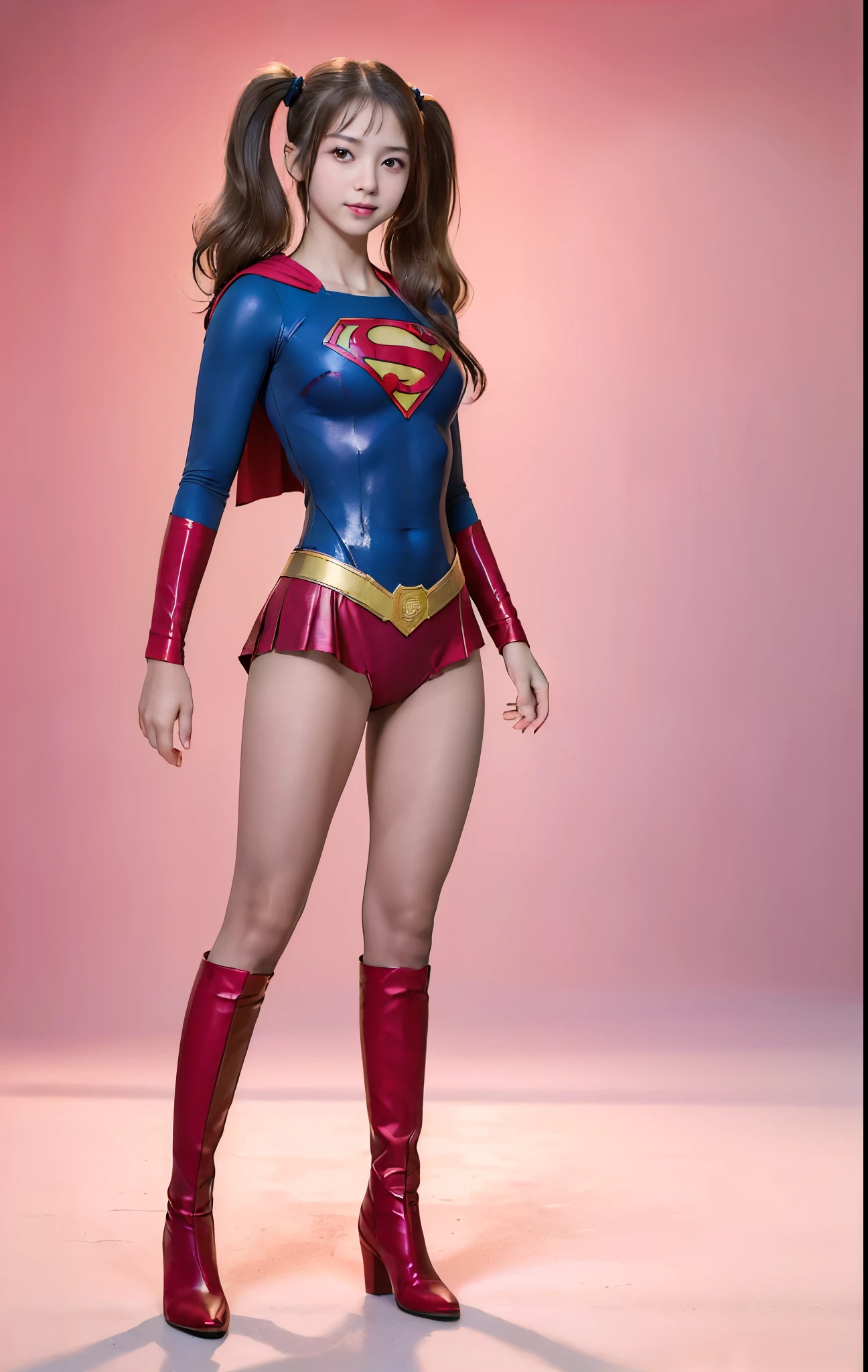 No background、(((Beautiful legs in black tights.)))、(((Legally express the beauty of your smile)))、((((Make the most of your original images)))、(((体にぴったりフィットするSupergirl Costume)))、(((Supergirl Costume)))、(((Beautiful hair with twin tails)))、(((suffering)))、(((Please wear black tights....、Wear red boots)))、((Best image quality、8k))、((highest quality、8k、masterpiece:1.3))、(((Preserve background )))、Sharp focus:1.2、Beautiful woman with perfect figure:1.4、Slim Abs:1.2、Wet body:1.5、Highly detailed face and skin texture、8k