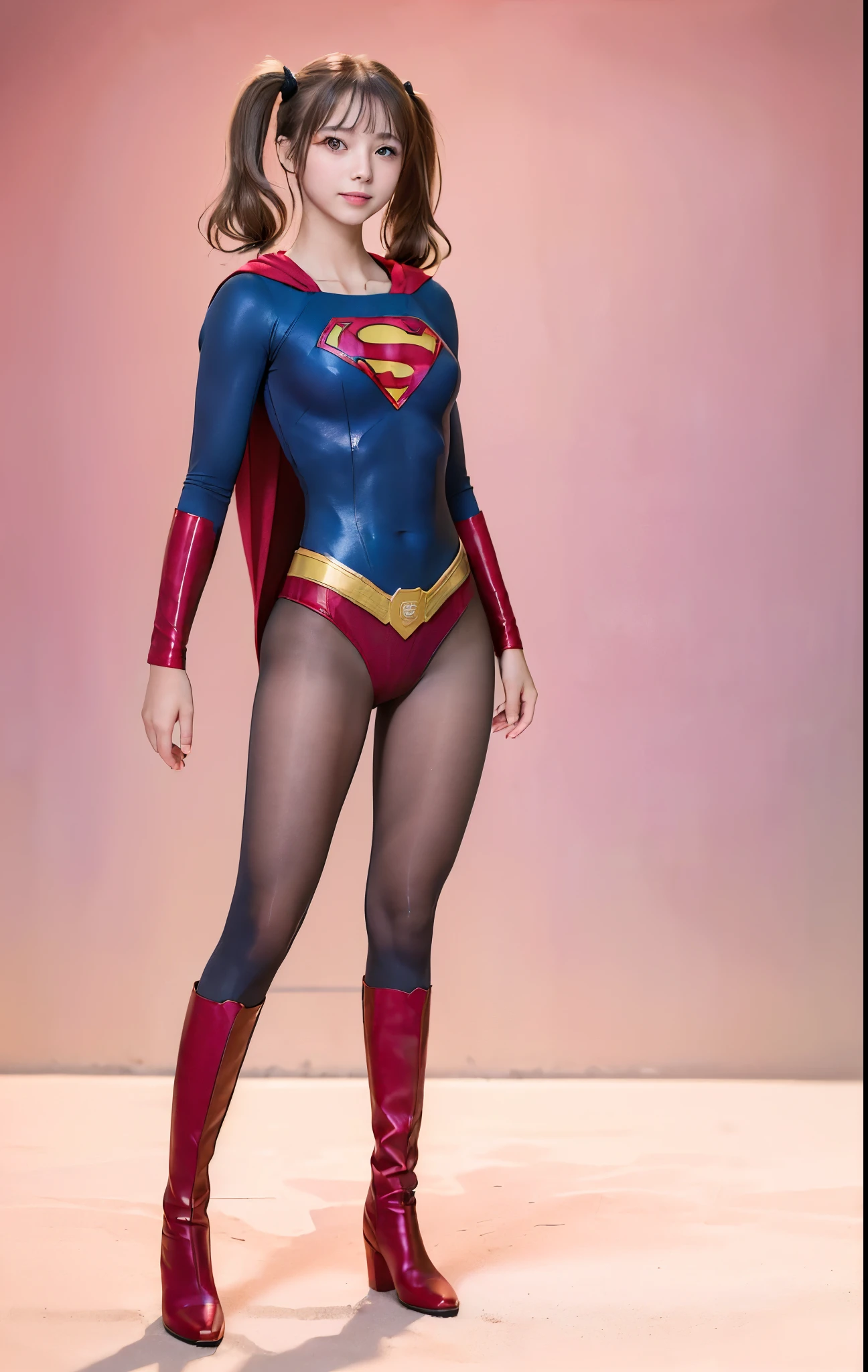 No background、(((Beautiful legs in black tights.)))、(((Legally express the beauty of your smile)))、((((Make the most of your original images)))、(((体にぴったりフィットするSupergirl Costume)))、(((Supergirl Costume)))、(((Beautiful hair with twin tails)))、(((suffering)))、(((Please wear black tights....、Wear red boots)))、((Best image quality、8k))、((highest quality、8k、masterpiece:1.3))、(((Preserve background )))、Sharp focus:1.2、Beautiful woman with perfect figure:1.4、Slim Abs:1.2、Wet body:1.5、Highly detailed face and skin texture、8k