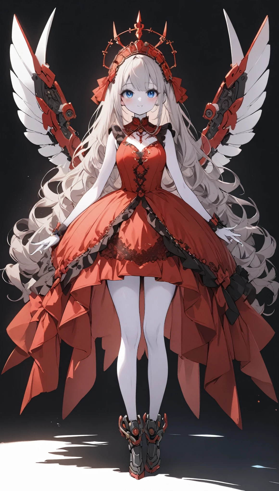 score_9, score_8_up, score_7_up, best quality ,masterpiece, 4k, Japanese anime, 1girl, (white skin:1.2), silver hair, short length hair, blue ribbon, drill hair, wavy hair, (mechanical wing:1.2), (eye lashes:1.3), (eye shadow:1.3), blue eyes, (beautiful detailed eyes:1.4), laugh, 130cm tall, original character, fantasy, (black background:1.2), (full body:1.8), beautiful fingers, standing, (red lace frill dress:1.5), (mechanical headdress:1.5) , shoot from front, looking at viewer  , 