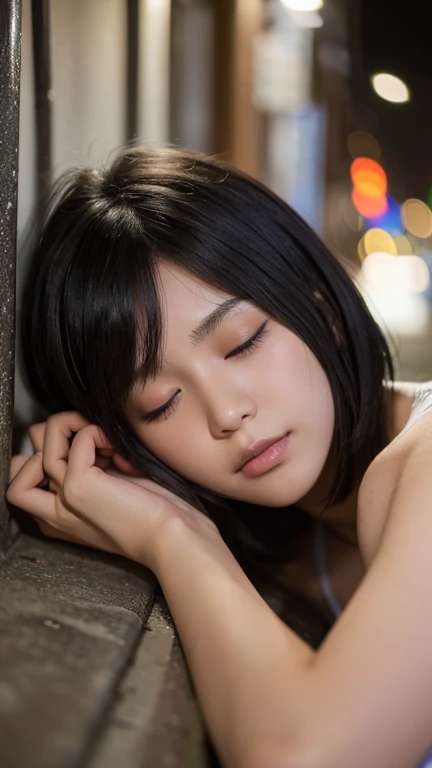 ((Drunk girl sleeping in an alley at night)), (High resolution:1.3), (16k, Realistic, RAW Photos, Best image quality: 1.4), Japanese, (One Girl), Beautiful Face, (A vivid face), (Black-haired、short hair:1.3), Beautiful Hairstyles, Realistic eyes, Beautiful and detailed, (Realistic Skin), Beautiful skins, charm, High detail, Golden Ratio, Highly detailed cute girl,(20-year-old)