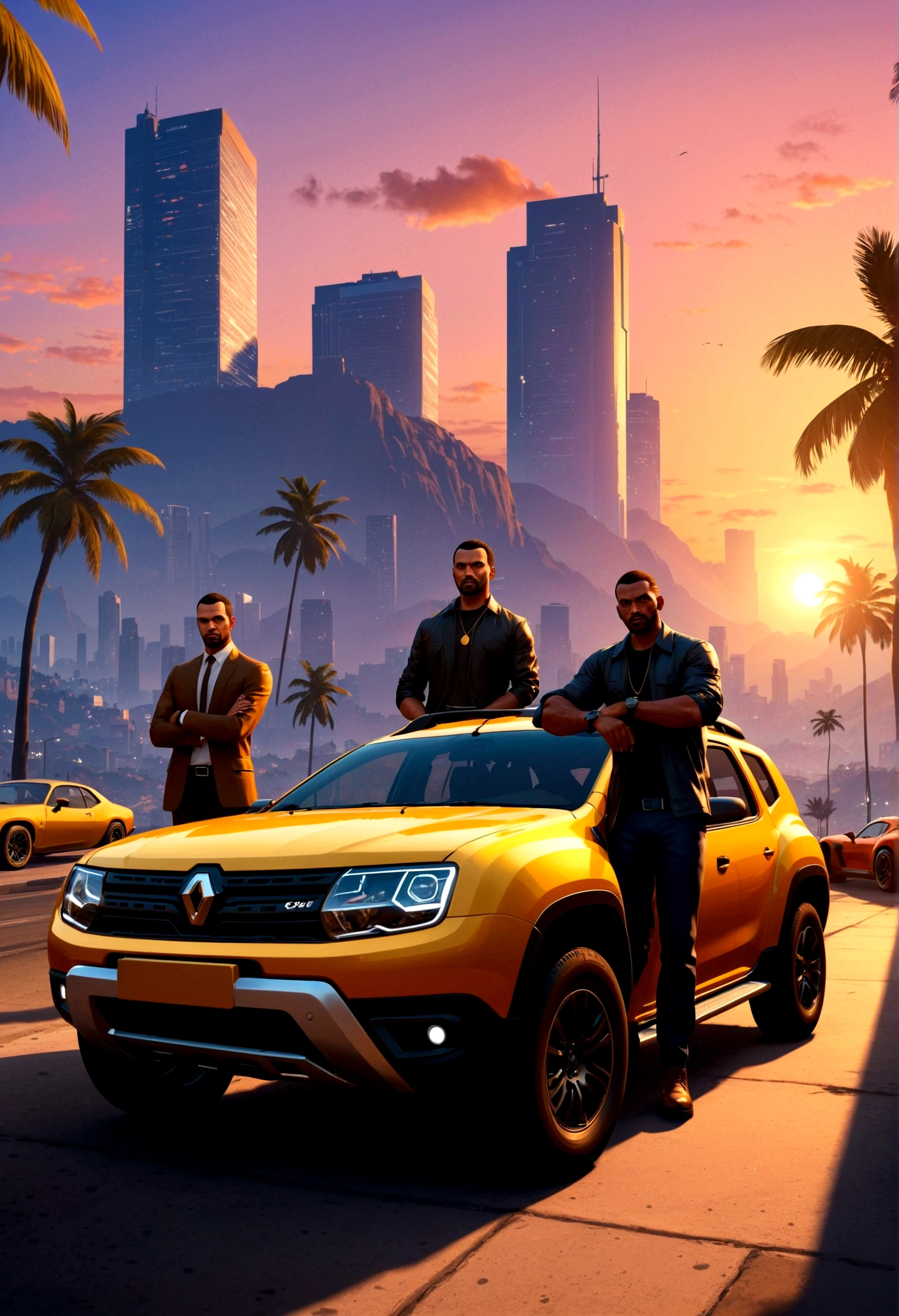 "Create an image that captures the essence of the Grand Theft Auto VI (GTA 6) game, featuring a cityscape at sunset, a sub, ((golden renault duster 2023 model)), chase with a sports car, and, characters in vivid colors, a couple posing in front of the vehicle, palms in in the background. The game's logo should be prominently displayed."