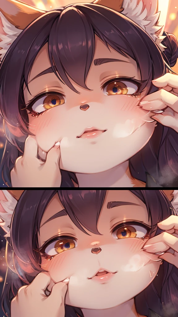 Hallucination, daydream , fantastic , erotica , Fear , bokeh , fox girl , hair tie , Medium hair , up hair , Sensual nape , Fireworks display , front view , (closeup face:1.9) , glossy lips , detail , (Close eyes) , Waiting for a kiss , from below , woman on top , steamy breath , I can not stand it any longer , Mouth gesture , Hand job gesture , Hair falls towards the viewer