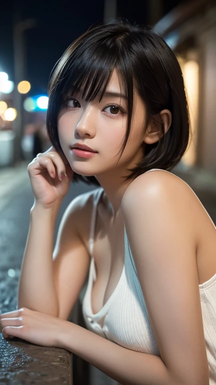 ((Drunk girl sleeping in an alley at night)), (High resolution:1.3), (16k, Realistic, RAW Photos, Best image quality: 1.4), Japanese, (One Girl), Beautiful Face, (A vivid face), (Black-haired、short hair:1.3), Beautiful Hairstyles, Realistic eyes, Beautiful and detailed, (Realistic Skin), Beautiful skins, charm, High detail, Golden Ratio, Highly detailed cute girl,(20-year-old)