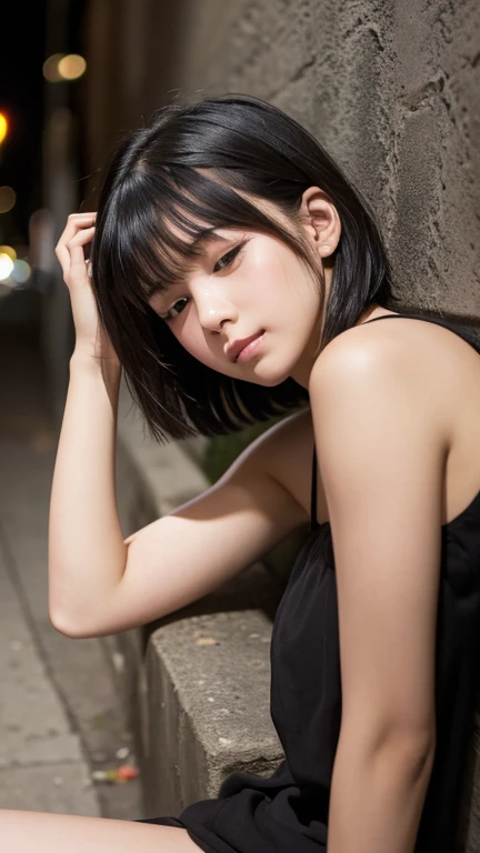((Drunk girl sleeping in an alley at night)), (High resolution:1.3), (16k, Realistic, RAW Photos, Best image quality: 1.4), Japanese, (One Girl), Beautiful Face, (A vivid face), (Black-haired、short hair:1.3), Beautiful Hairstyles, Realistic eyes, Beautiful and detailed, (Realistic Skin), Beautiful skins, charm, High detail, Golden Ratio, Highly detailed cute girl,(20-year-old)