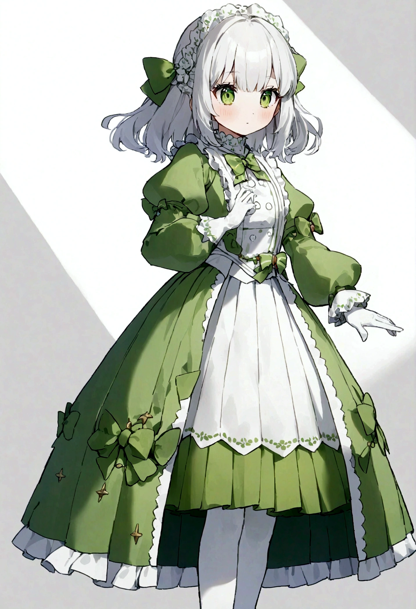 {{white_frills_dress}},{{white pantyhose}}, {long sleeve},{Juliet_sleeve},{puffy sleeve},white hair bow，skirt pleated，green dress bow，green_big_bow,white glove