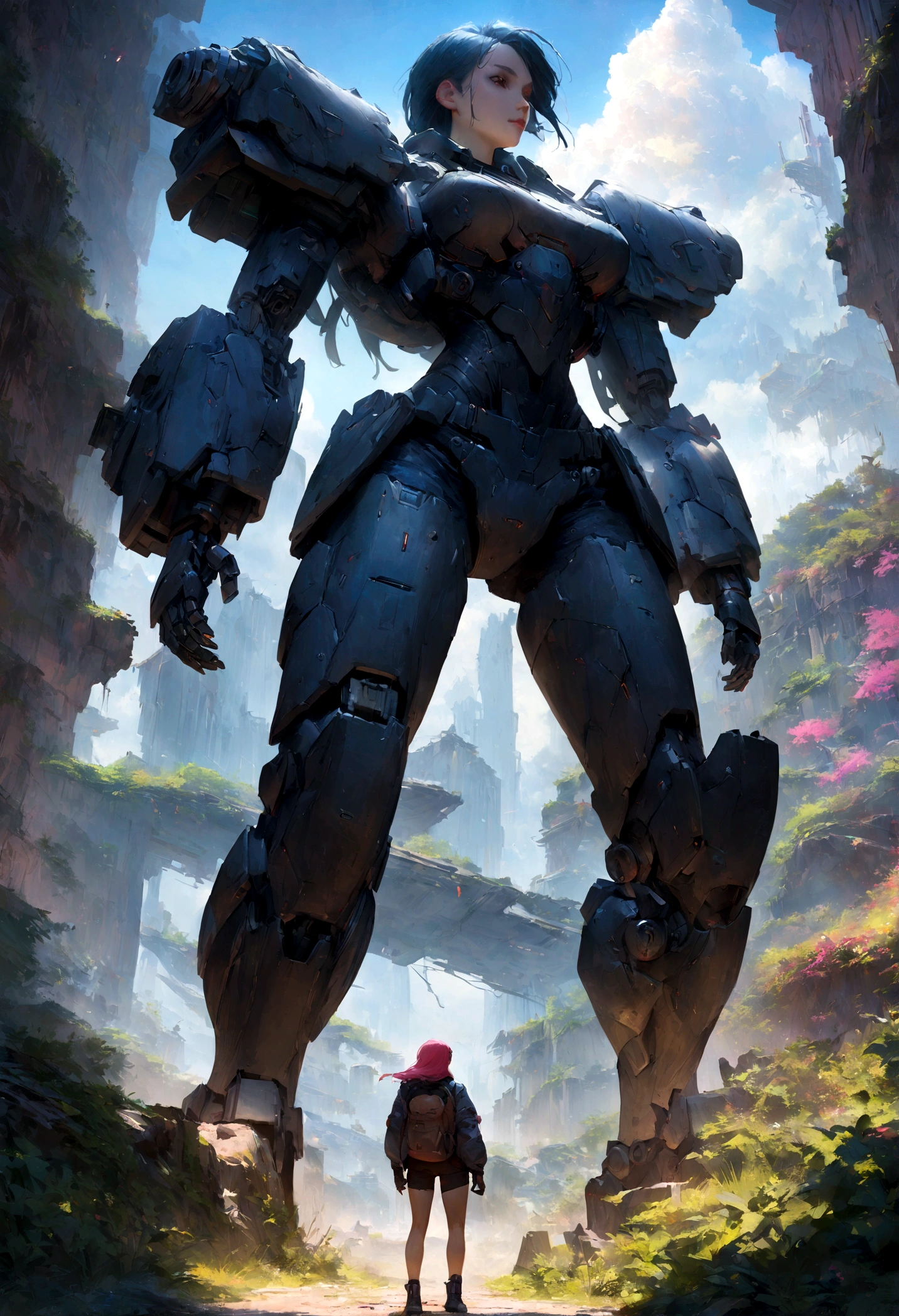 Anime girl in shorts and jacket standing next to giant, Artwork in the style of Guweiz, Cyberpunk anime girl mecha, Popular on cgstation, guweiz, author:Russell Dongjun Lu, Digital Cyberpunk Anime Art, Rostland 8K, guweiz on artstation pixiv, Girl in mecha network armor,masterpiece, best quality, Rolle, survivor, Heavy Armor, Futuristic, View from behind, Looking to the horizon, Blue sky, cloud, Desolate planet, Overgrown ruins
