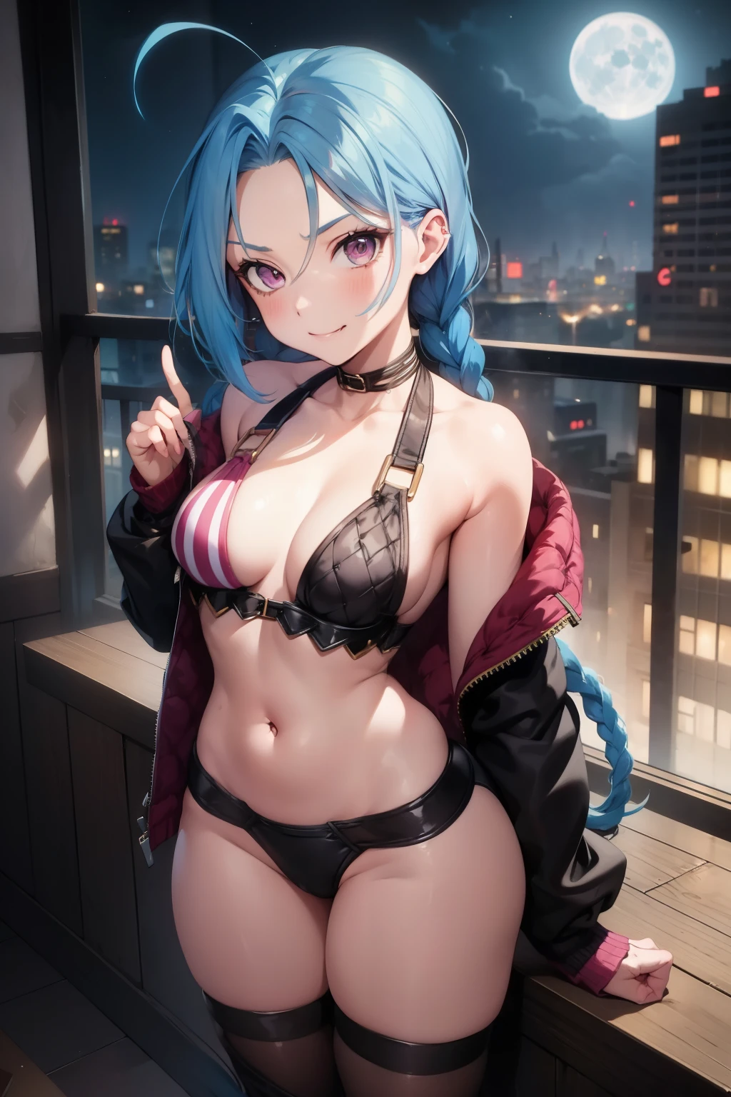 Jinx  ,1girl , anime , masterpiece  , blue hair braided  , jaqueta aberta open clothes ,jinx , smug face ,  jacket, open clothes, bra , small breasts ,pantie ,garterbelt  , long socks , belly button piercing , looking at viewer , moon  background , night  city  .