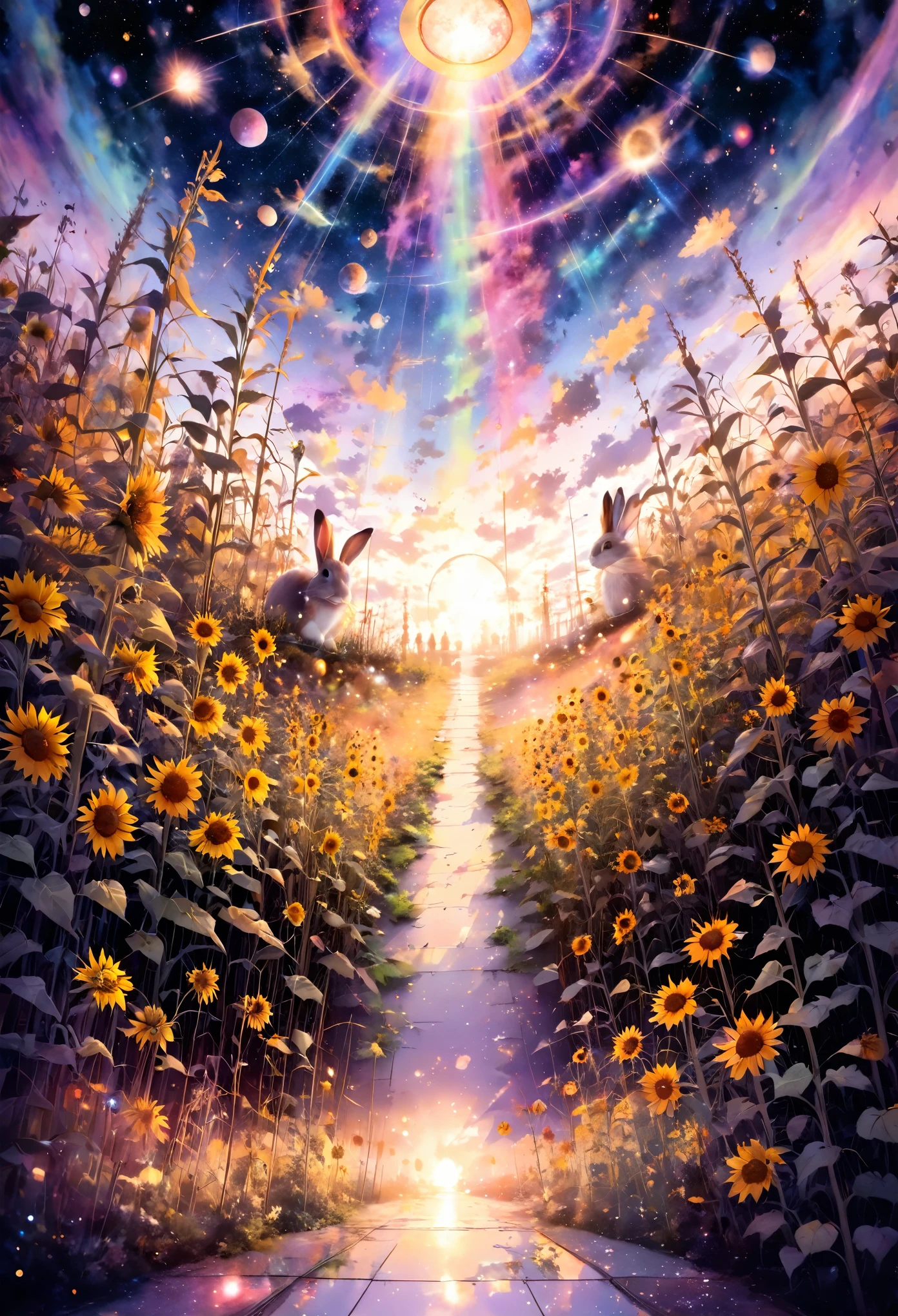 rabbit, sunflower, 辺り一面のsunflowerのひまわり畑, masterpiece, best quality, hyper detailed, insanely detailed, Full-HD, 16K, absurdres, gigantic scale, golden ratio, wide-angle lens, the galaxy, landscape, in the space, in the style of intricate, vibrant academia, pastel academia, soft surface, dreamy watercolor, splatter watercolor, from above, warm lighting, pinhole camera, deep focus, depth of field