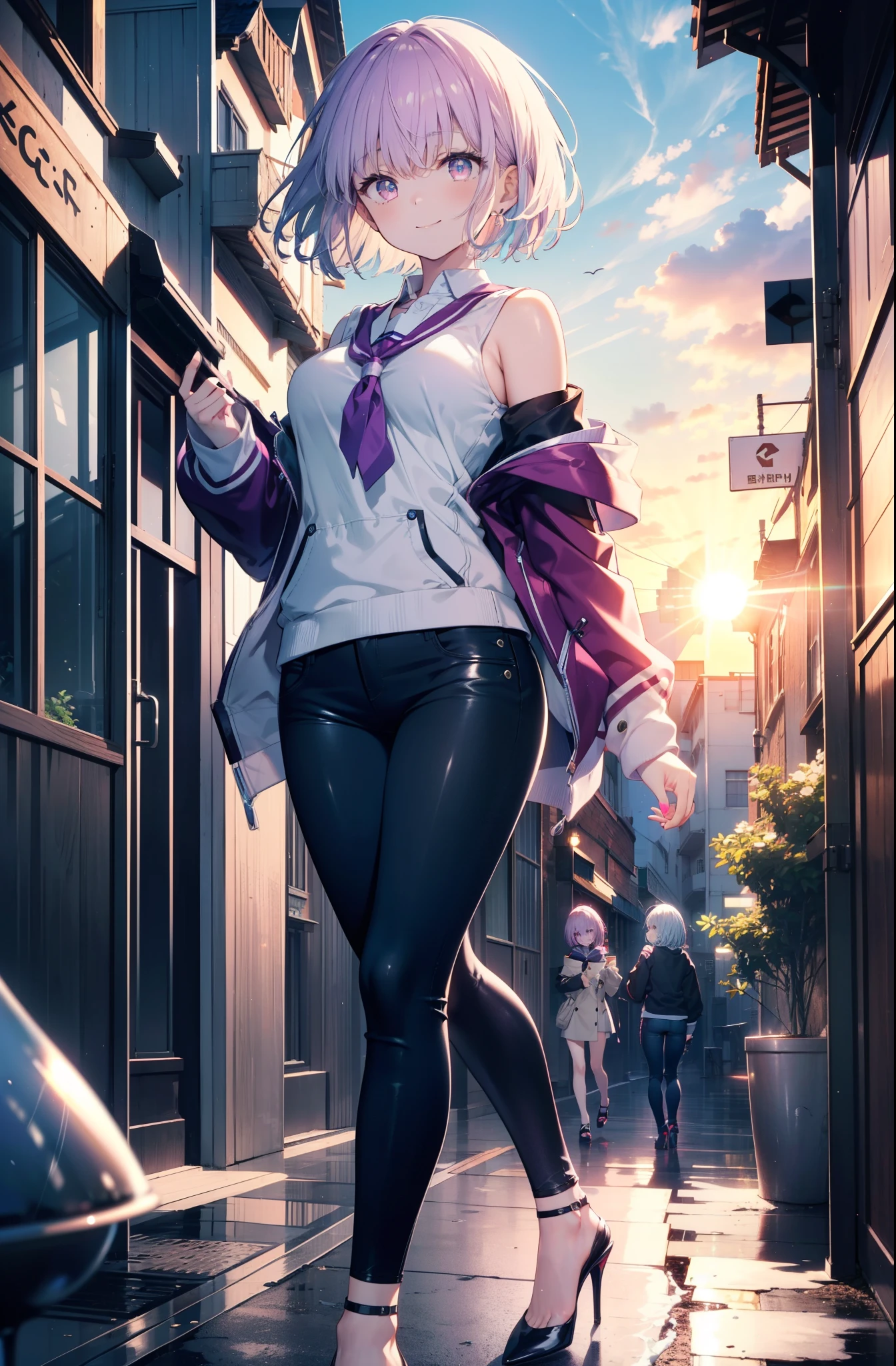 akaneshinjou, shinjou akane, Light purple hair, (Pink Eyes:1.2), short hair,hair band,Cold shoulder tops,skinny pants,Stiletto heels,walking,morning,morning陽,The sun is rising,whole bodyがイラストに入るように,happy smile, smile, Close your mouth,
 break looking at viewer,whole body,               　　　　　　　 break outdoors ,Residential Street, 　　　　　　　　　　　break (masterpiece:1.2), highest quality, High resolution, unity 8k wallpaper, (shape:0.8), (Beautiful and beautiful eyes:1.6), Highly detailed face, Perfect lighting, Extremely detailed CG, (Perfect hands, Perfect Anatomy),