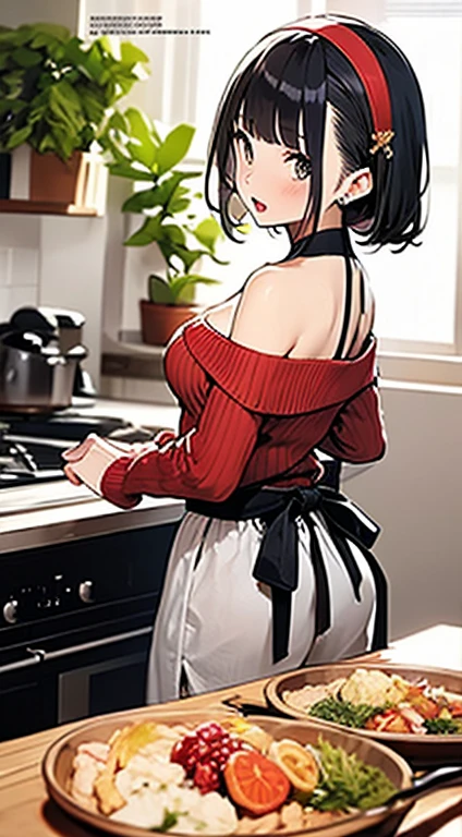 NSFW:1.3. Anime drawings with vivid colors Full-body figures of tall women:1.9 　naked:1.3 nakedエプロン:1.3. White Apron:1.3 Sweat Composition seen from behind Standing posture Penis in pussy:1.3. Missionary sex, stylish choker　Troubled face, glaring, wrinkled brows, flushed cheeks, night:1.3 Apartment bedroom, on white sheets, short black hair, ponytail:1.9 Straight hair, bangs swept to the side:1.9. Slanted eyes, brown eyes, tall, big breasts, strong-willed, beautiful