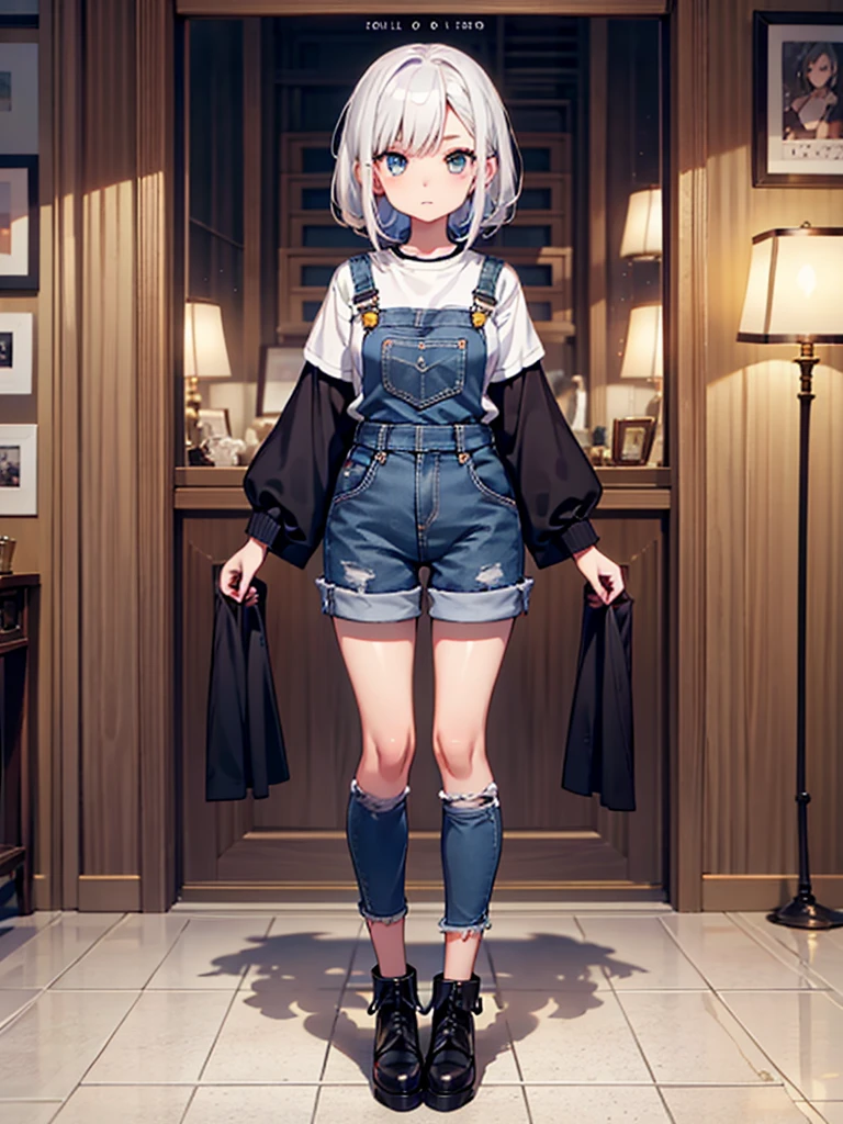 1girl,high-quality anime,highest quality、Masterpiece、Official Art、The best composition、Golden Ratio、Super detailed、ultra detailed,  blue and white hair color、Short bangs above eyebrows、Short Hair、Standing in front of the viewer、Pure white simple background、Denim overalls、vtuber-fullbody,