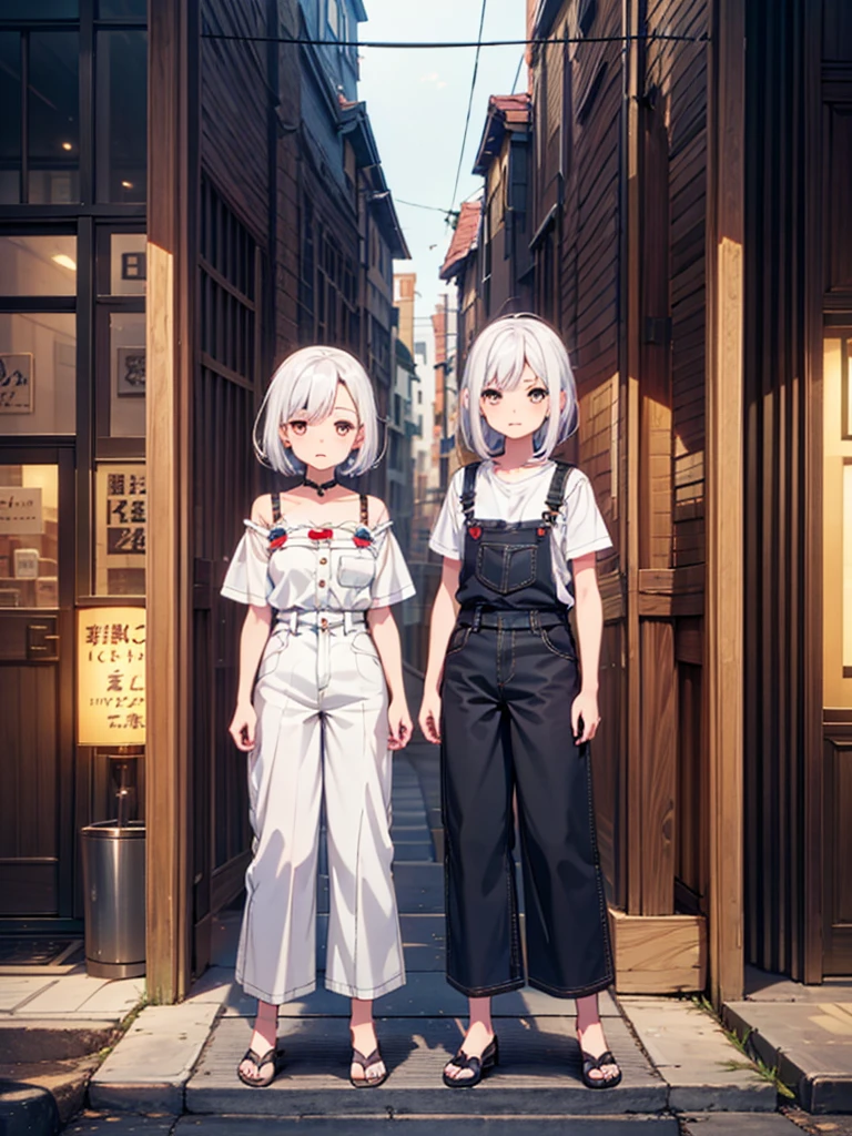 1girl,high-quality anime,highest quality、Masterpiece、Official Art、The best composition、Golden Ratio、Super detailed、ultra detailed, blue and white hair color、Short bangs above eyebrows、Short Hair、Standing in front of the viewer、Pure white simple background、Denim overalls、vtuber-fullbody,