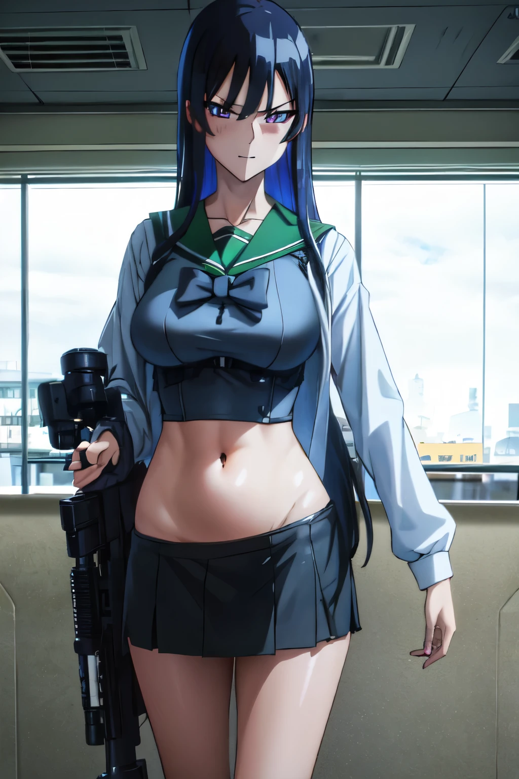 saorijoumae, saori joumae, purple eyes, black hair, long hair,
blush, lipstick, masterpiece, best quality, highly detailed, a anime girls in sailor uniforms with a gun posing for a picture,
evil smile, smile, open mouth,black_serafuku, ecchi anime style, anime girls , 
ecchi style, ecchi, shipgirls, digital anime art!!, high school girls, holding a gun, hold a gun, anime style 4
k, micro skirt, exposed belly, exposed navel, exposed midriff,
exposed lower belly,school, classroom, navel piercing