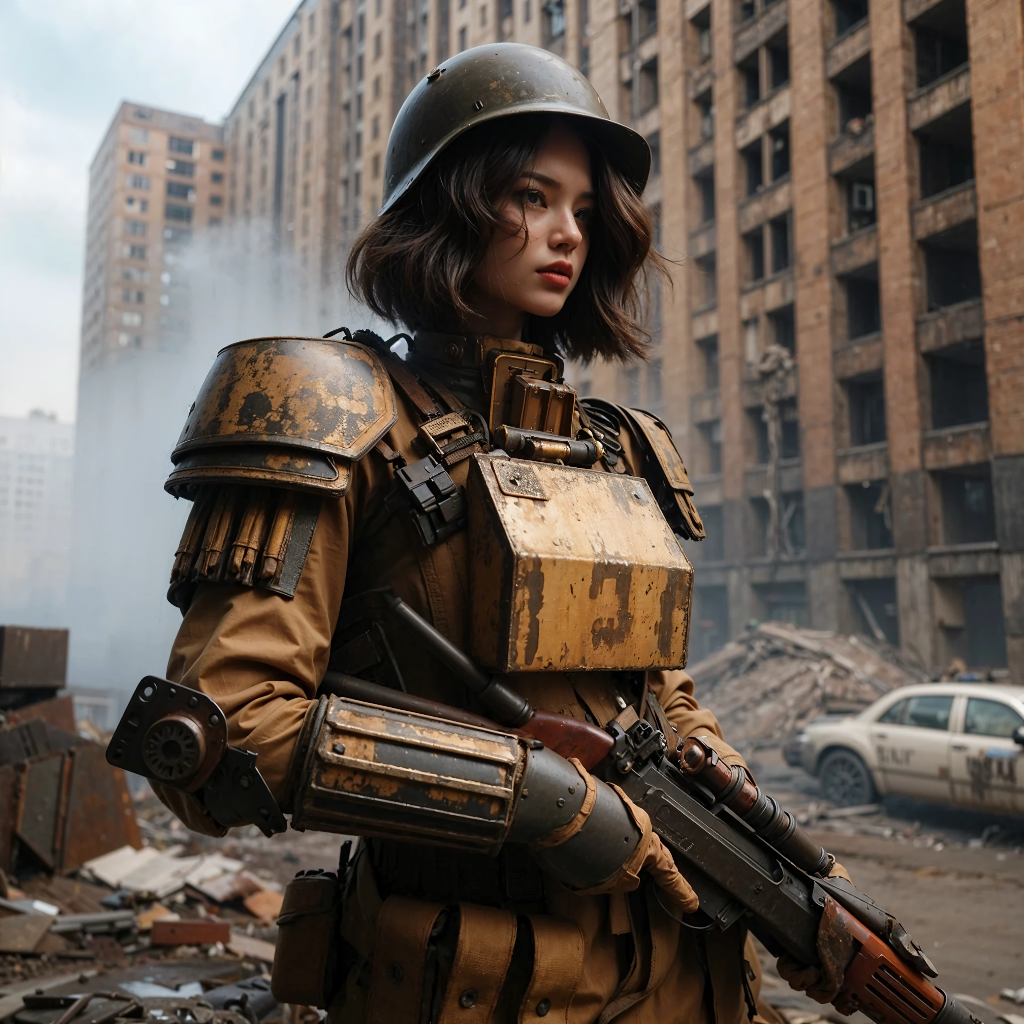 superrealism, ultra high res,8k,(Photorealsitic:1.4), (1950s-like mechanical suit:1.2), Collapsed Cities, heavy weapons,vivid textures,animal legs, gradation hair, Russian female soldier,(ultra beautiful face),((super realistic all textures)), ((super intricate all details)), full body shot, ultra sharp photo result, Olive Drab color, scratch, Rust, weathering, steampunk, taken with Fuji film X-T30+Nokton. HDR10,Minimum of 4 pieces created