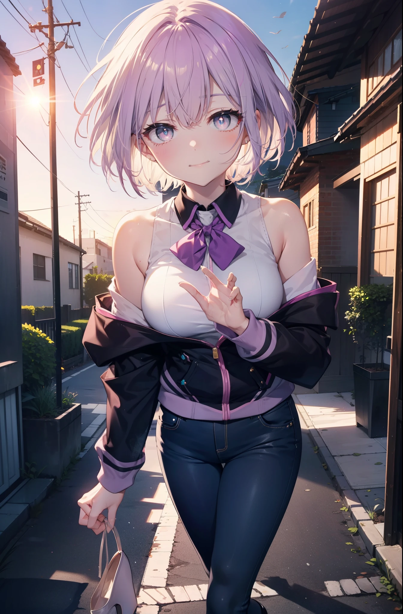 akaneshinjou, shinjou akane, Light purple hair, (Pink Eyes:1.2), short hair,hair band,Cold shoulder tops,skinny pants,Stiletto heels,walking,morning,morning陽,The sun is rising,whole bodyがイラストに入るように,happy smile, smile, Close your mouth,
break looking at viewer,whole body, break outdoors ,Residential Street, break (masterpiece:1.2), highest quality, High resolution, unity 8k wallpaper, (shape:0.8), (Beautiful and beautiful eyes:1.6), Highly detailed face, Perfect lighting, Extremely detailed CG, (Perfect hands, Perfect Anatomy),