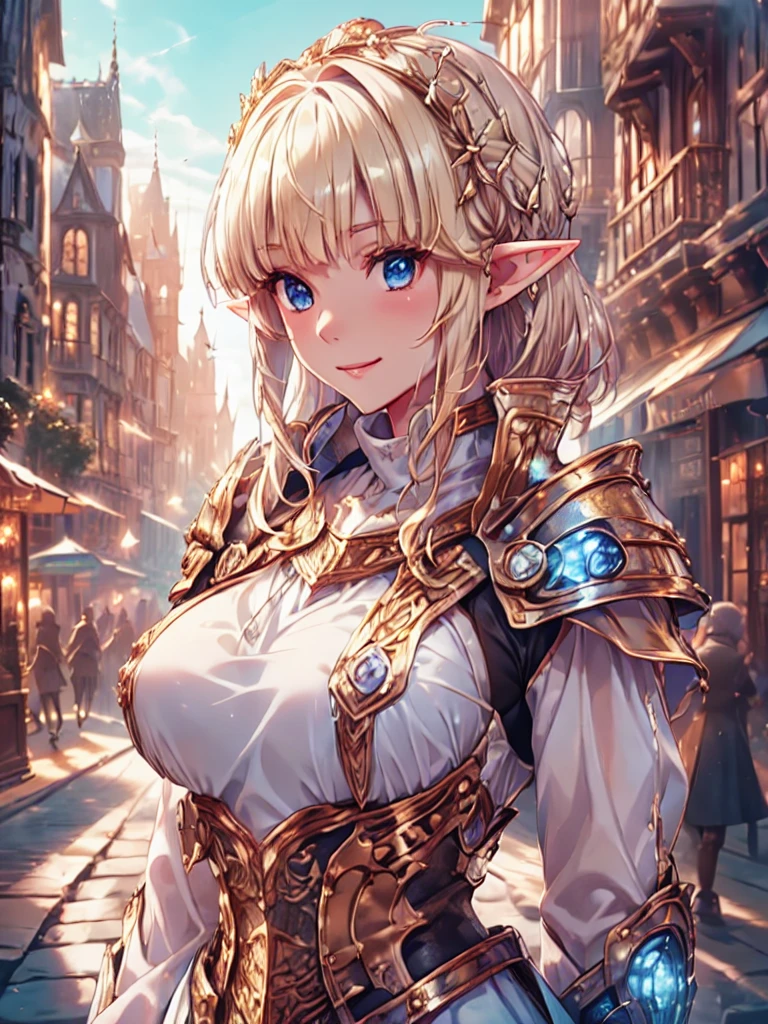 Very close、((Focus on the upper body))、16k、masterpiece、High resolution、High resolution、((1 young elven female))、((Beautiful white skin))、((Beautiful blonde))、Bun Head、short hair、((Beautiful Blue Eyes))、((Pointy Ears))、Smiling Kindly、smile、blush、Pink Lip Gloss、Shiny skin、((Wearing heavy armor))、((Medieval European streets))、Courting me、((Put your hand on your cheek))