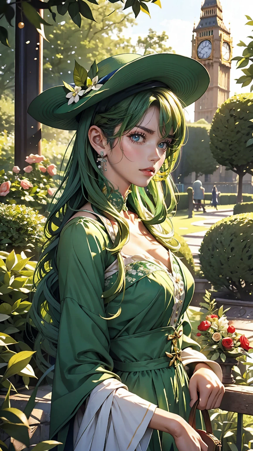 London suburbs、English Garden、A British deep green lady's vertical striped jumper skirt、British woman in a high-neck ribbon blouse、White、Blonde、blue eyes、Wavy hair、Smile