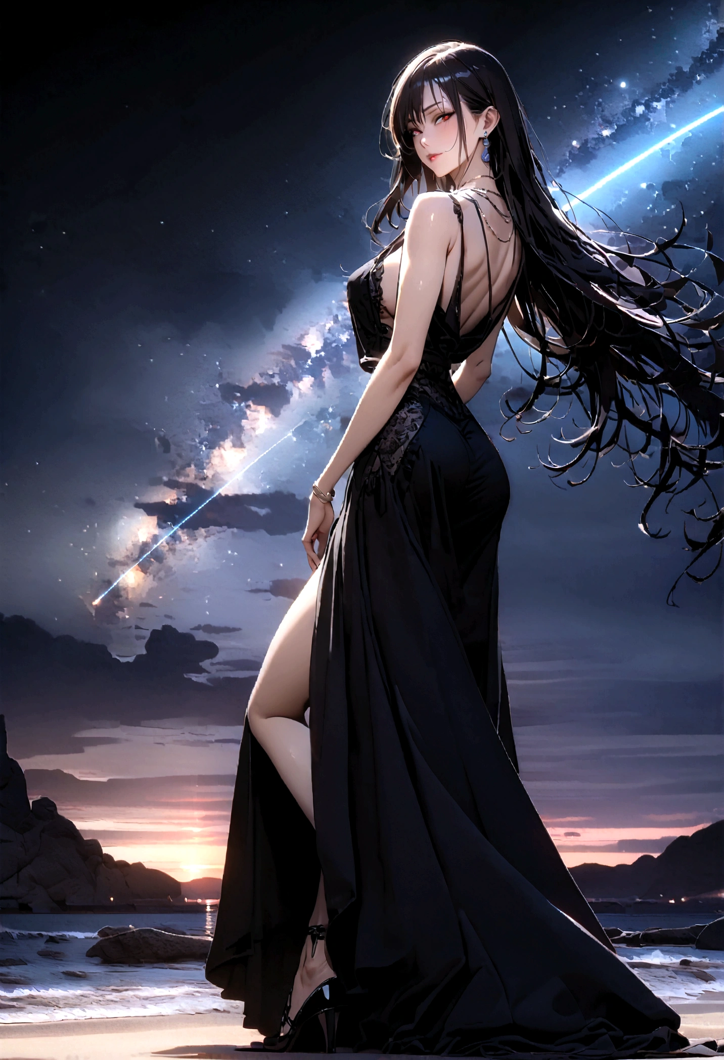 8k, masterpiece, RAW Photos, highest quality, Realistic, Very detailed, Depth of written boundary, Cinematic Light, Anatomically correct body,
One beautiful 40 year old woman, Very beautiful face, Exquisitely detailed face, (A seductive face:1.4), Very delicate skin texture, Transparent muscle, Shiny white skin, Glamorous Body,
(Wavy black long hair:1.2), (Sexy Breasts:1.1), (Sexy ass:1.1),
(Resort style beach long dress:1.2), (Detailed cloth texture:1.2), (Gorgeous necklace:1.1), (Gorgeous earrings:1.1),
(Dark starry background:1.4), (Milky Way:1.1), (milky way:1.1), (shooting star:1.1), (Dark coastline at night:1.4), (Pitch black sea surface:1.4),
(Standing on the beach:1.2),
(Beautiful back view:1.2),