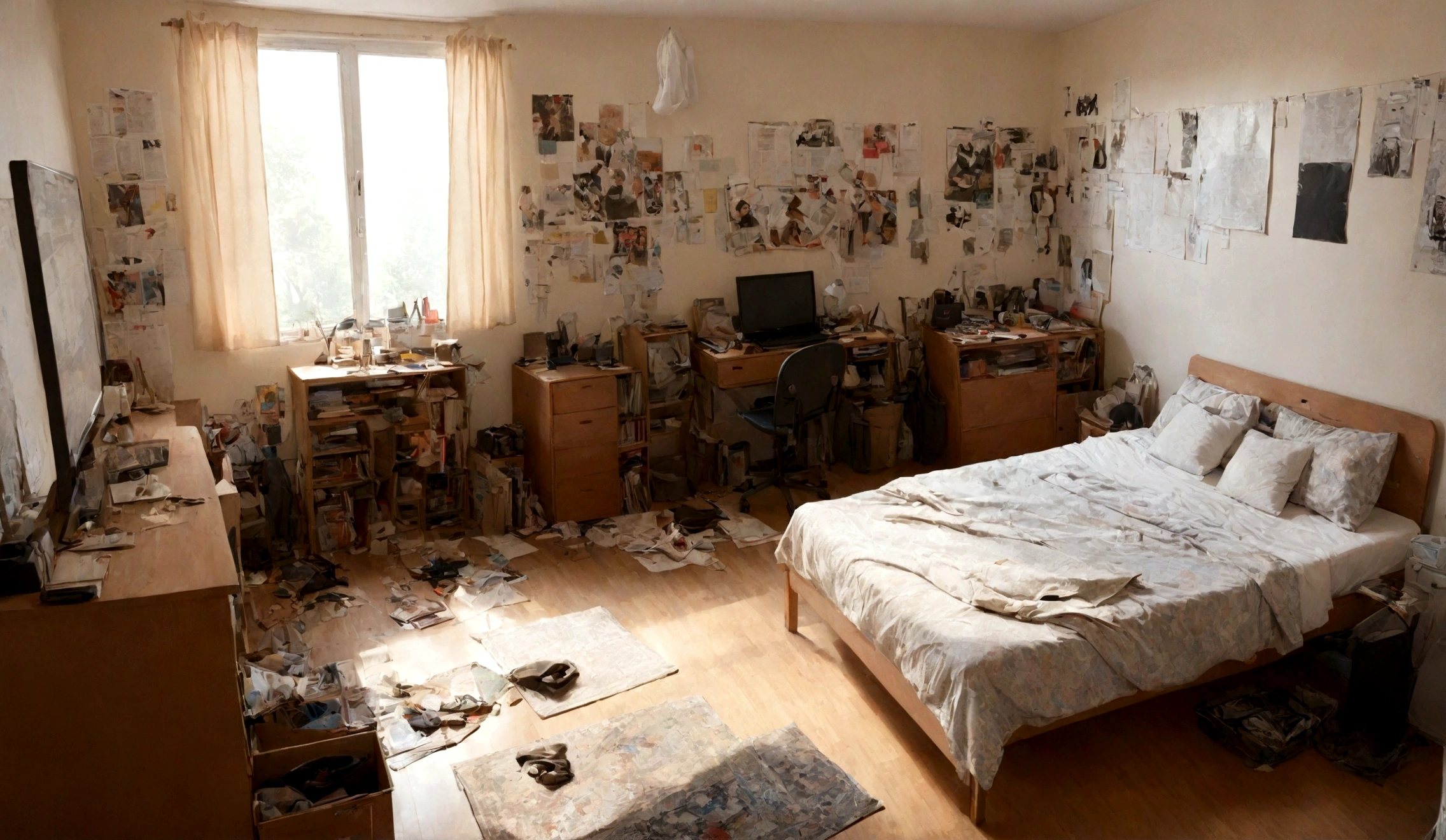 A typical teenager's bedroom with a bed, desk, and posters on the wall, some clothes scattered on the floor --ar 16:9