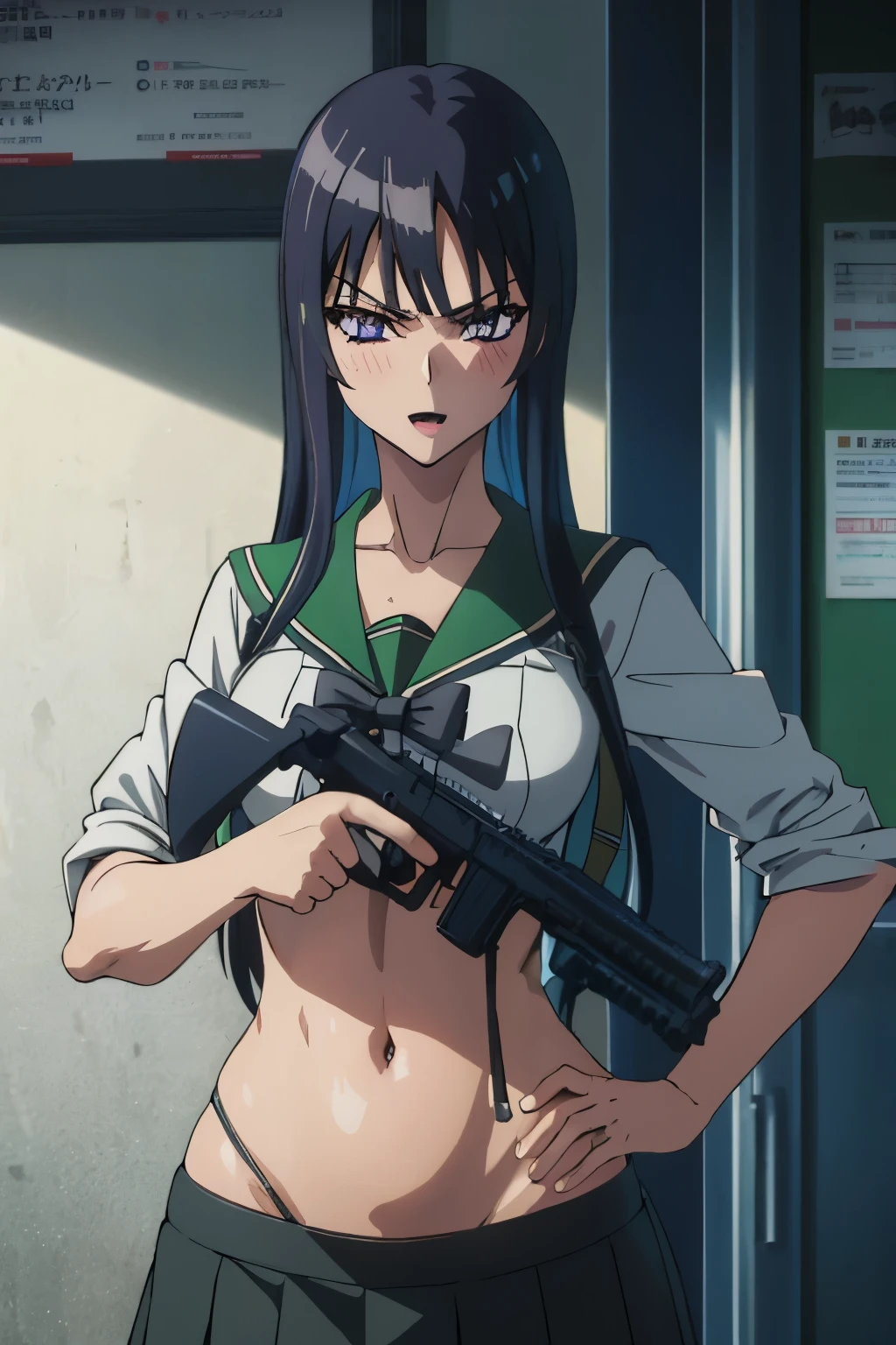 saorijoumae, saori joumae, purple eyes, black hair, long hair,
blush, lipstick, masterpiece, best quality, highly detailed, a anime girls in sailor uniforms with a gun posing for a picture,
evil smile, smile, open mouth,black_serafuku, ecchi anime style, anime girls , 
ecchi style, ecchi, shipgirls, digital anime art!!, high school girls, holding a gun, hold a gun, anime style 4
k, micro skirt, exposed belly, exposed navel, exposed midriff,
exposed lower belly,school, classroom, navel piercing