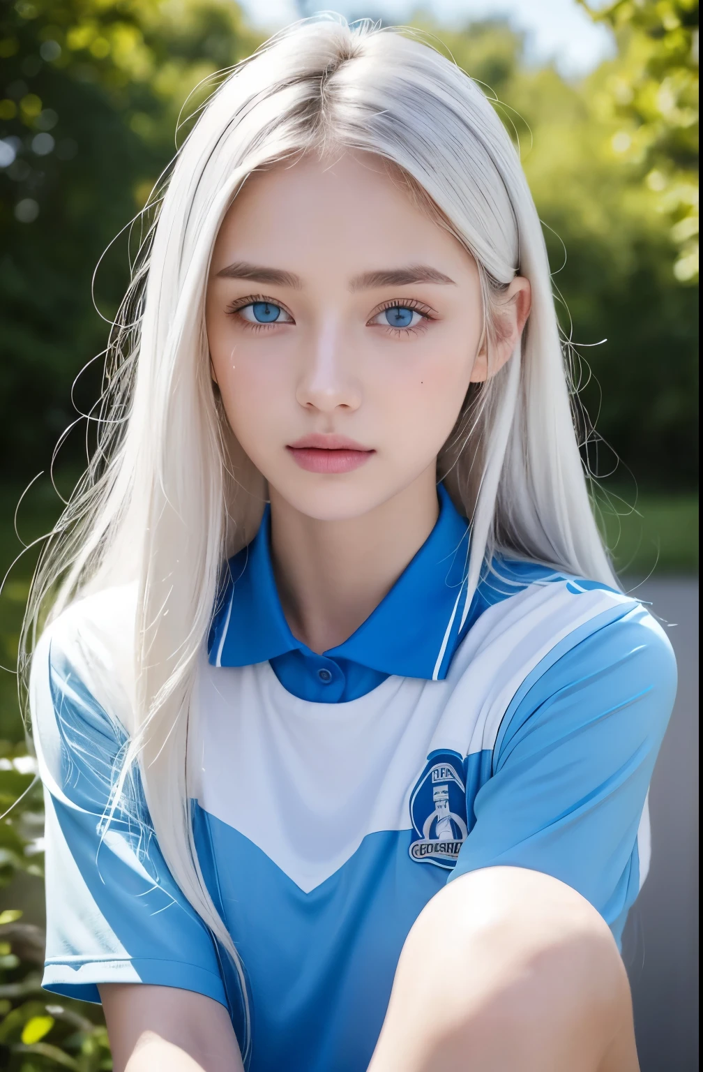 14Caucasian model at the age, Standing Photo above the knee,((Clean clothes)), white clothes, Natural light, Pretty Caucasian Woman, white hair, A sloppy smile, (8K, Live shooting, highest quality, masterpiece: 1.2), masterpiece, super detail, , High-definition RAW color photo, , , , , , highly detailed eyes, realistic skin texture, highly detailed fingers, very detailed nose, highly detailed mouth, , Photo above the knee, , See-through feeling、Transparent processing、wearing a sports uniform、, White hair, Blue eyes, masterpiece, realistic skin texture, , shiny hair and white skin, 、 natural skin texture, A young woman who looks like a girl, Photo above the knee、Blue eyes, 、lowered eyebrows, innocent face, Eyes that look gentle, natural skin texture, round face, Kind eyes, long and pure white beautiful hair、, small face, No decorations attached, white, drooping eyebrows, Mont Blanc, white, drooping eyebrows