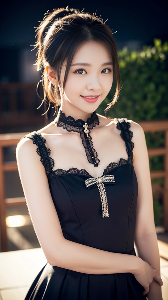 a gorgeous lady in a Colorblock Lace Trim Stand Collar Dress With Bow Decoration, standing under night sky, dimpled smile, short ponytail, in a natural pose, photorealistic, beautiful detailed eyes, hyper-realism, high contrast, ultra HD, realistic skin textures, top image quality, top-quality, super high resolution, fine details, very meticulously, bokeh background