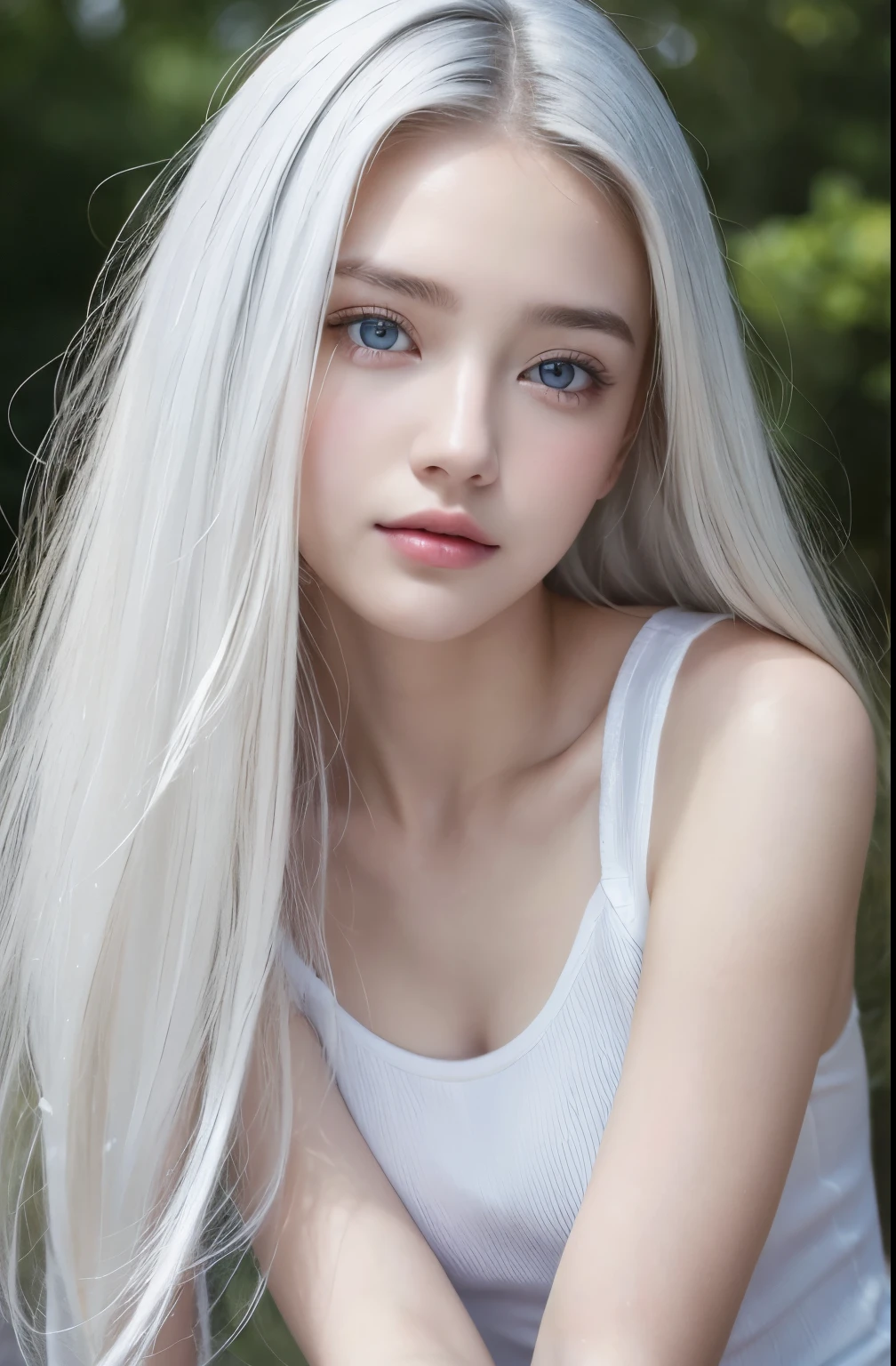 １４Caucasian model at the age, Standing Photo above the knee,（(Clean clothes)), white clothes, Natural light, Pretty Caucasian Woman, white hair, A sloppy smile, (8K, Live shooting, highest quality, masterpiece: 1.2), masterpiece, super detail, , High-definition RAW color photo, , , , , , highly detailed eyes, realistic skin texture, highly detailed fingers, very detailed nose, highly detailed mouth, , Photo above the knee, , See-through feeling、Transparent processing、wearing a sports uniform、, White hair, Blue eyes, masterpiece, realistic skin texture, , shiny hair and white skin, 、 natural skin texture,  A young woman who looks like a girl,  Photo above the knee、Blue eyes,  、lowered eyebrows,  innocent face,  Eyes that look gentle,  natural skin texture, round face,  Kind eyes, long and pure white beautiful hair、, small face,  No decorations attached,  white, drooping eyebrows,  Mont Blanc, white, drooping eyebrows