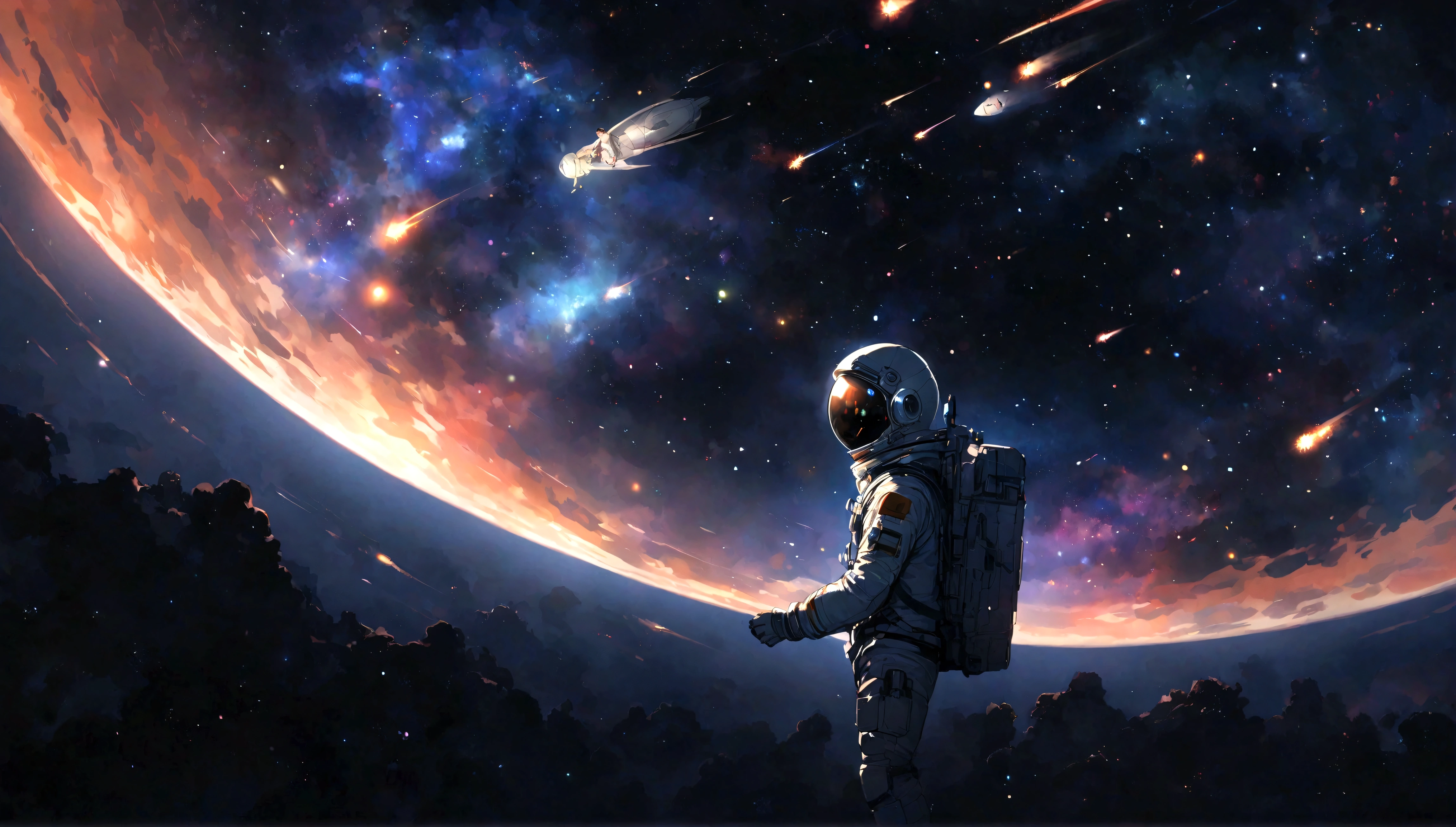 Astronauts wander through space, Black background , galaxy in the background , large alien spaceship hovering above